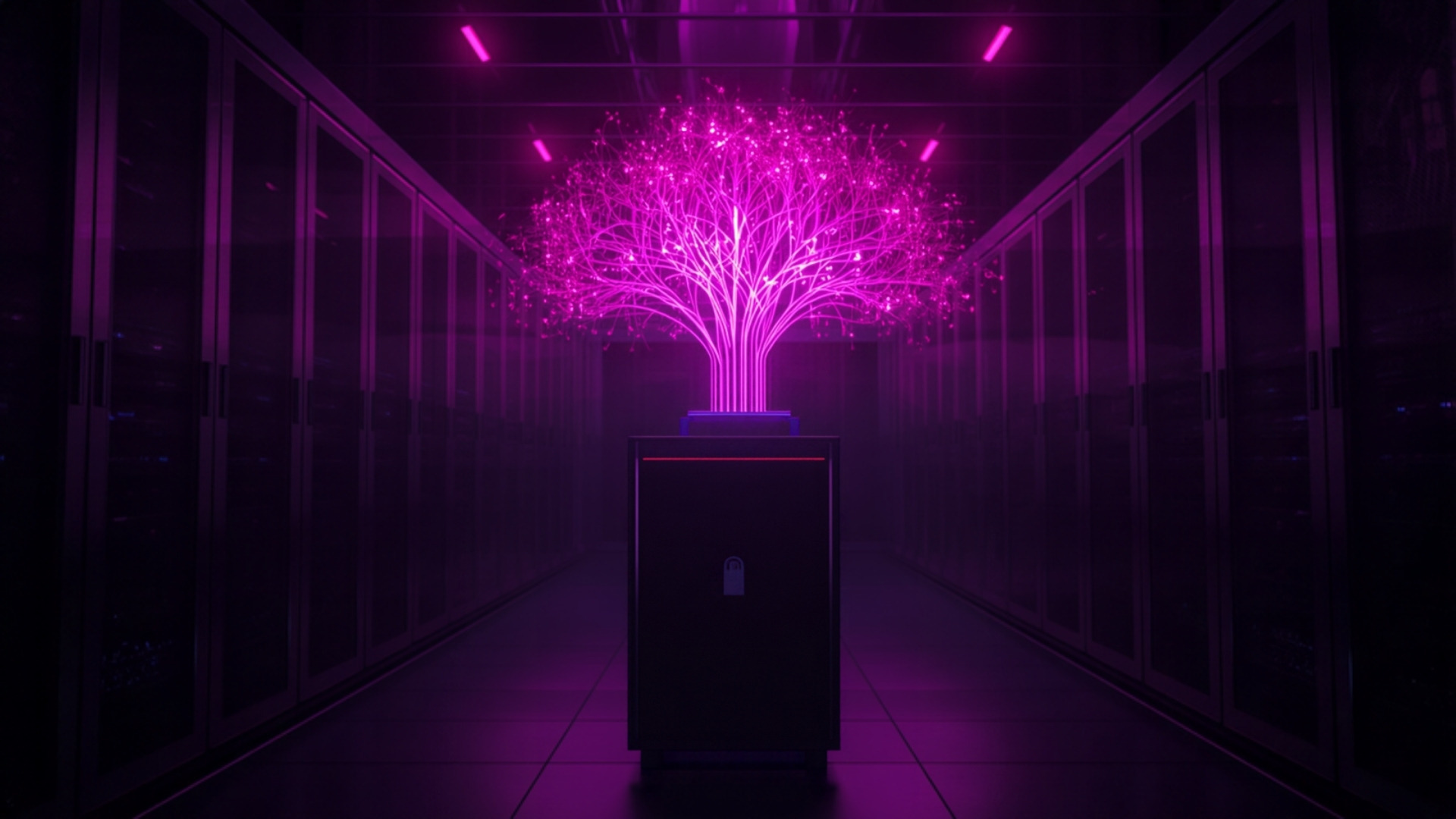 Glowing directory tree of connected nodes above a locked server cabinet in violet light