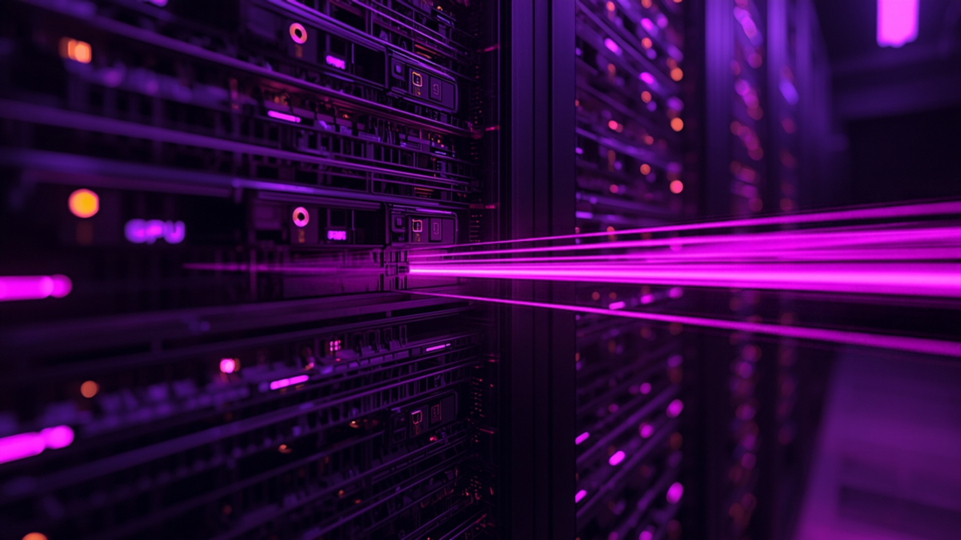 Light streaks flowing from servers into a flash storage array under violet lighting