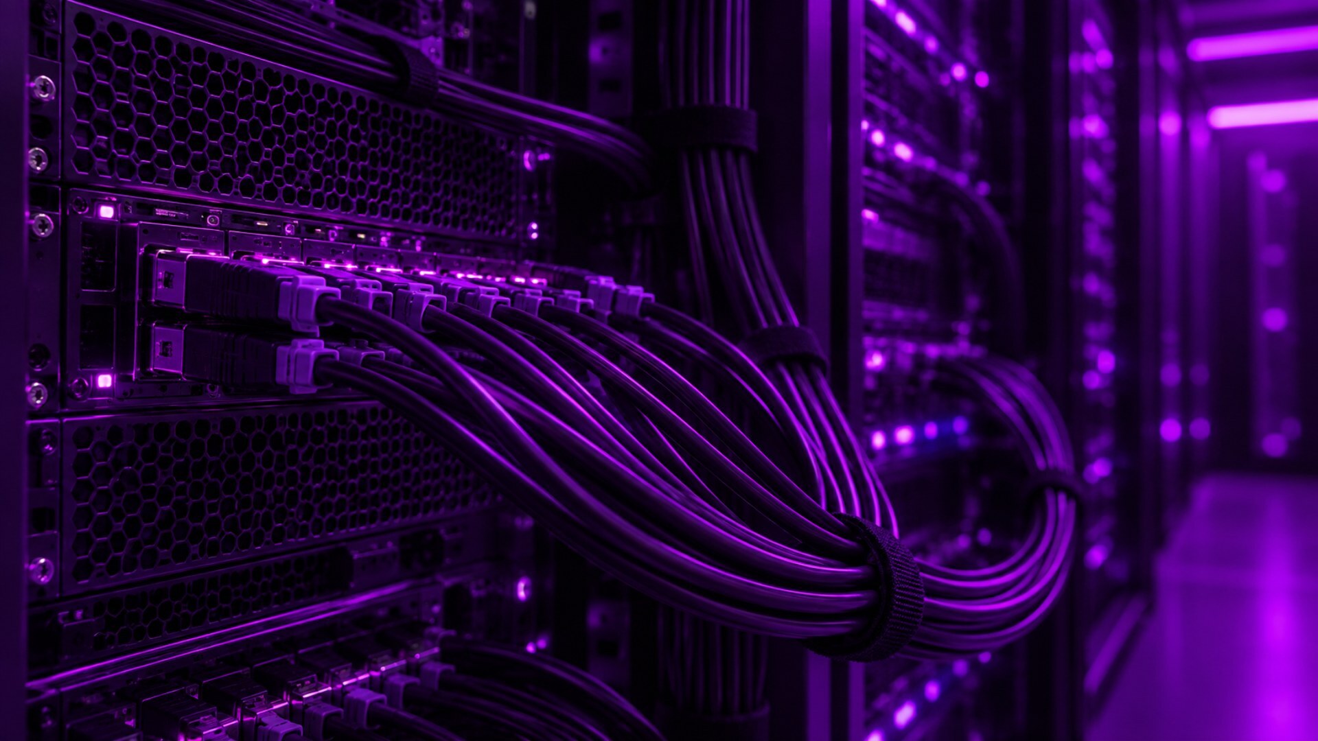 Purple-lit data center rack with bundled network cables running between servers
