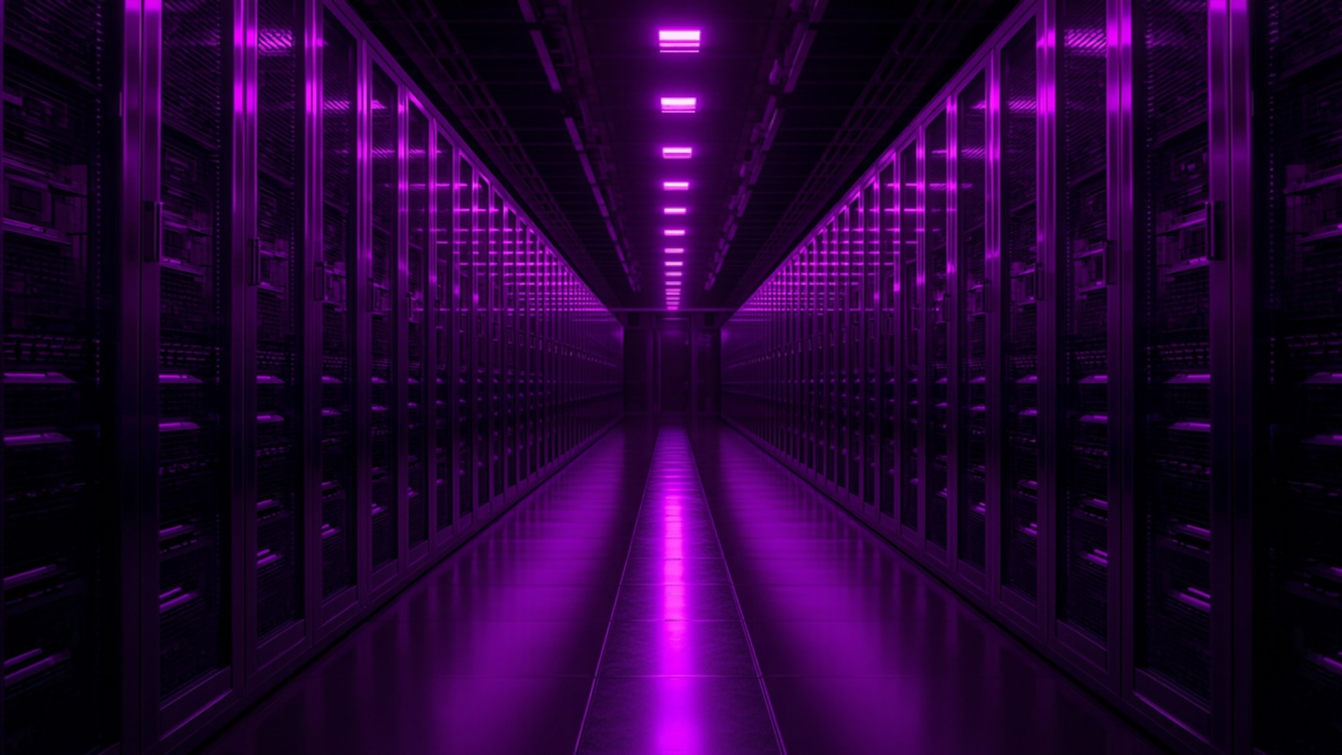 Archive aisle of storage cabinets fading into darkness under violet lighting