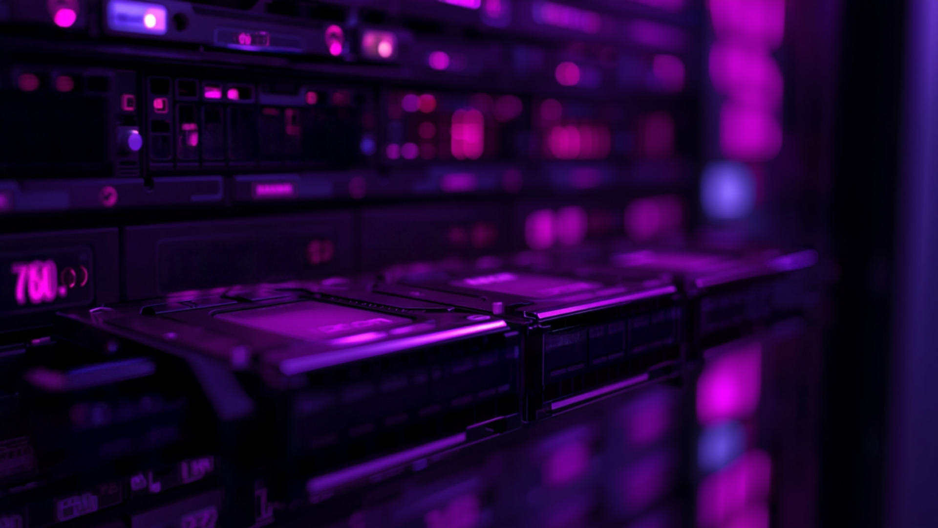 NVMe drives glowing in a server chassis with storage racks blurred behind