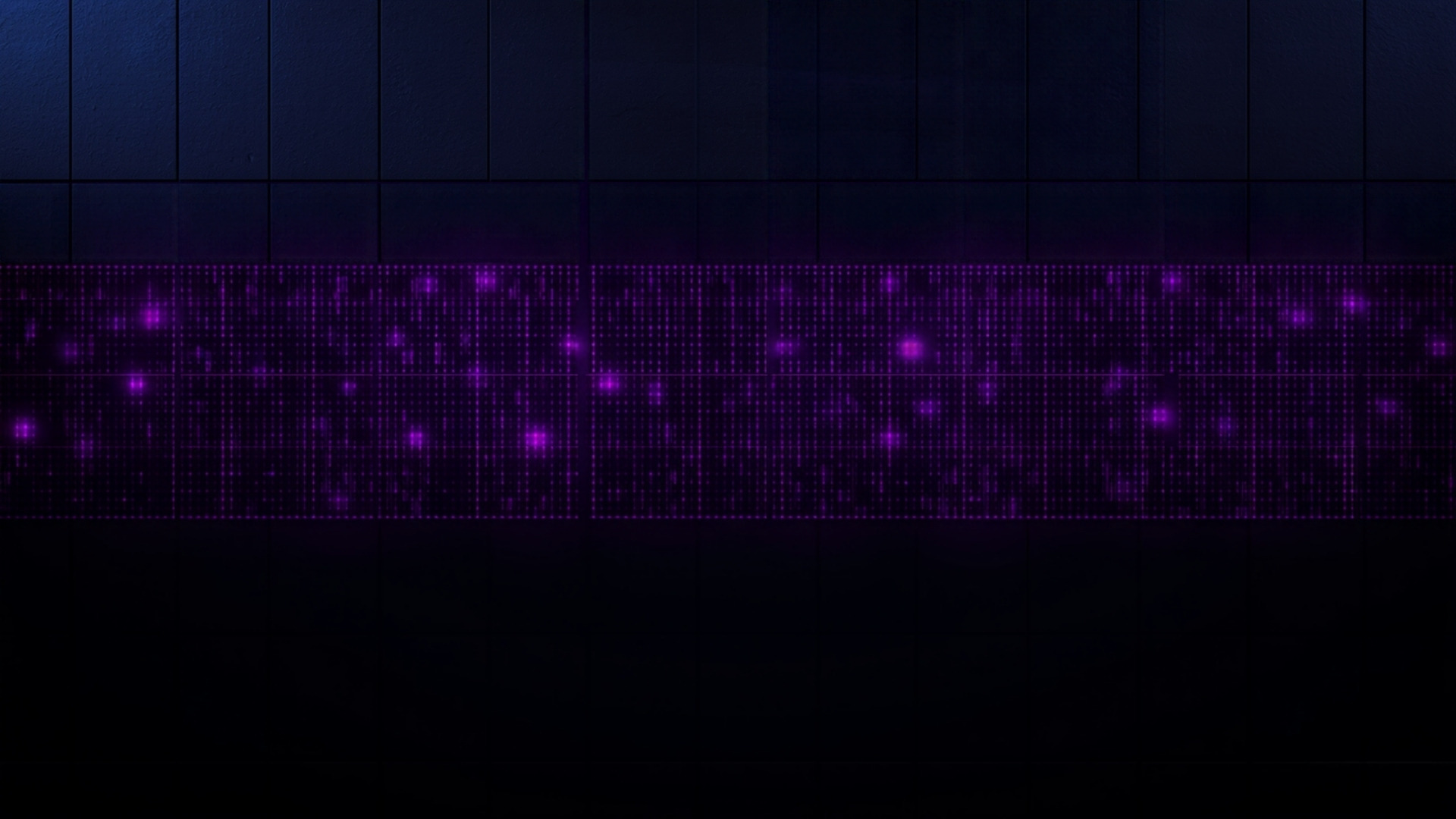 Grid of glowing data tiles with visible gaps on a violet-lit wall