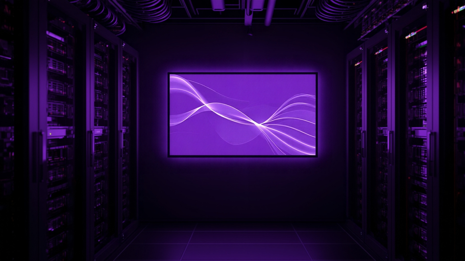 Instrumented server racks and a performance dashboard in a violet-lit test lab