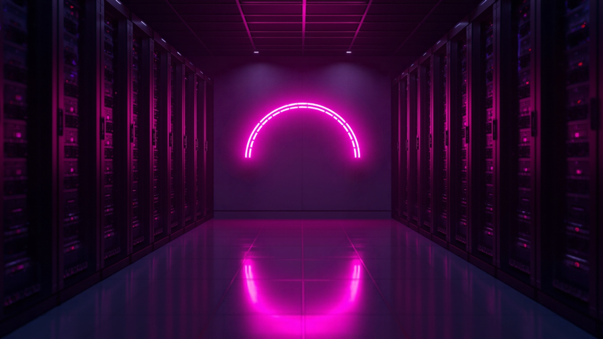 Glowing arc gauge on a data center wall panel under violet lighting