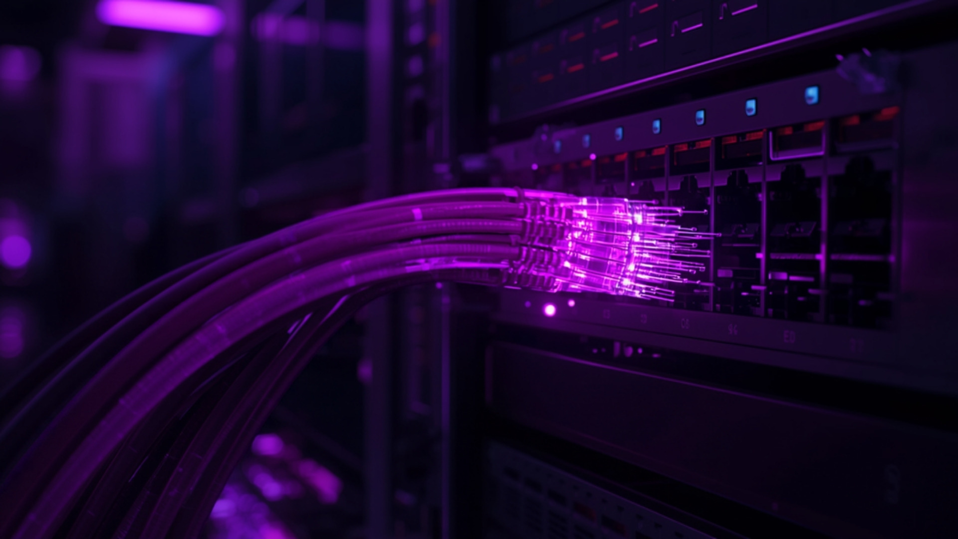 Bundle of fiber optic cables entering a switch under violet lighting