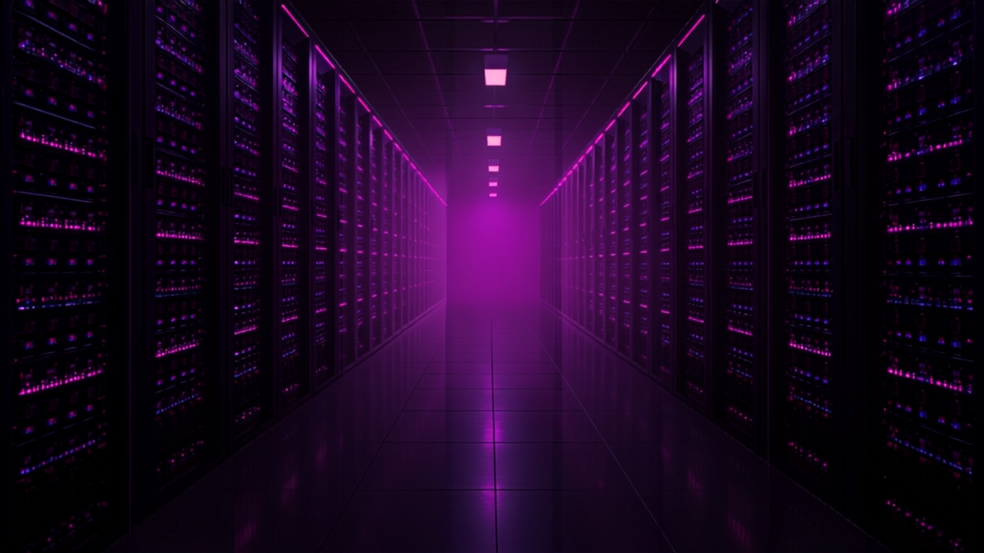 Dark data center aisle lined with high-density storage server racks under purple lighting