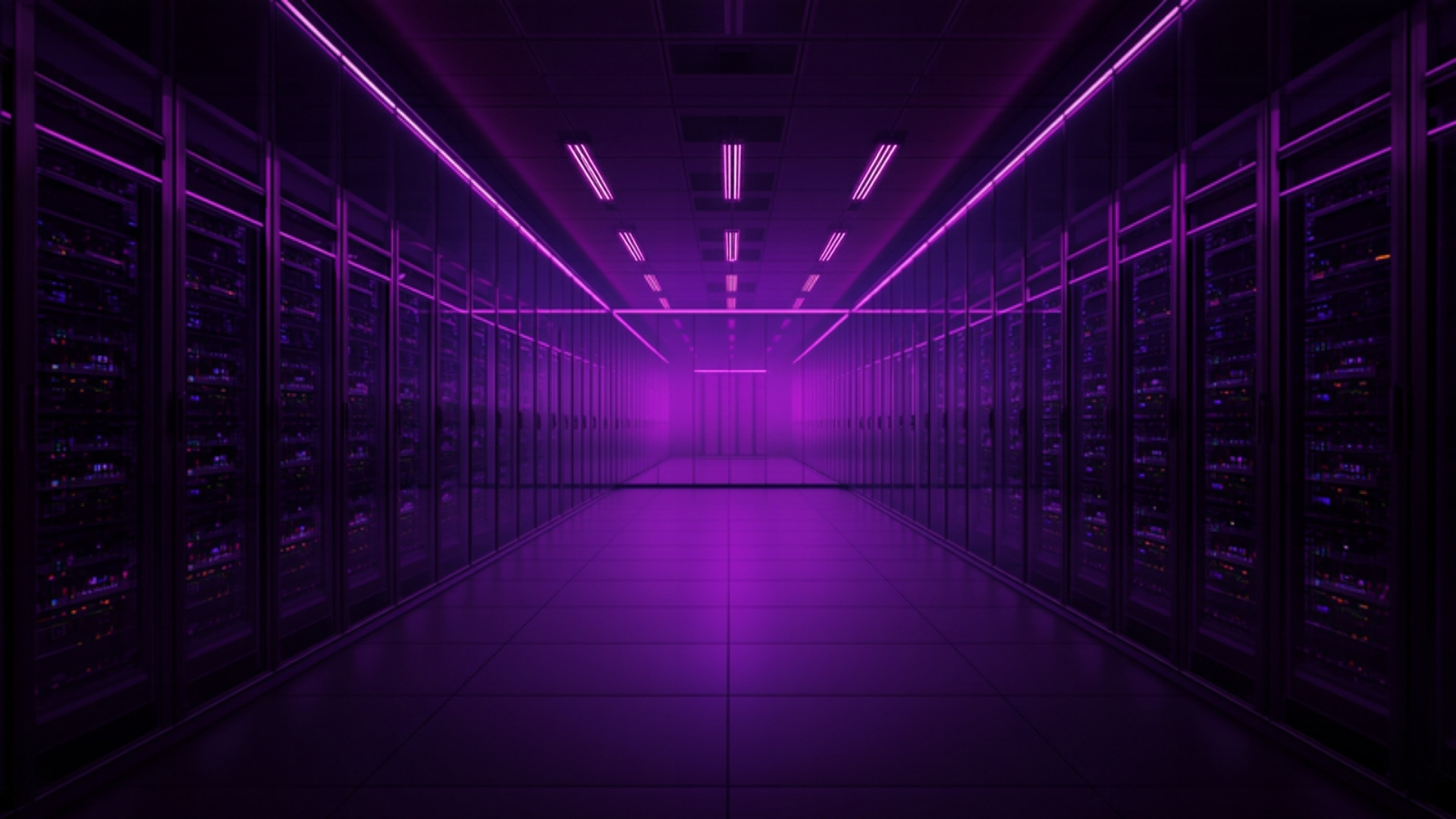 Data center hall divided by glass partitions into separate violet-lit zones