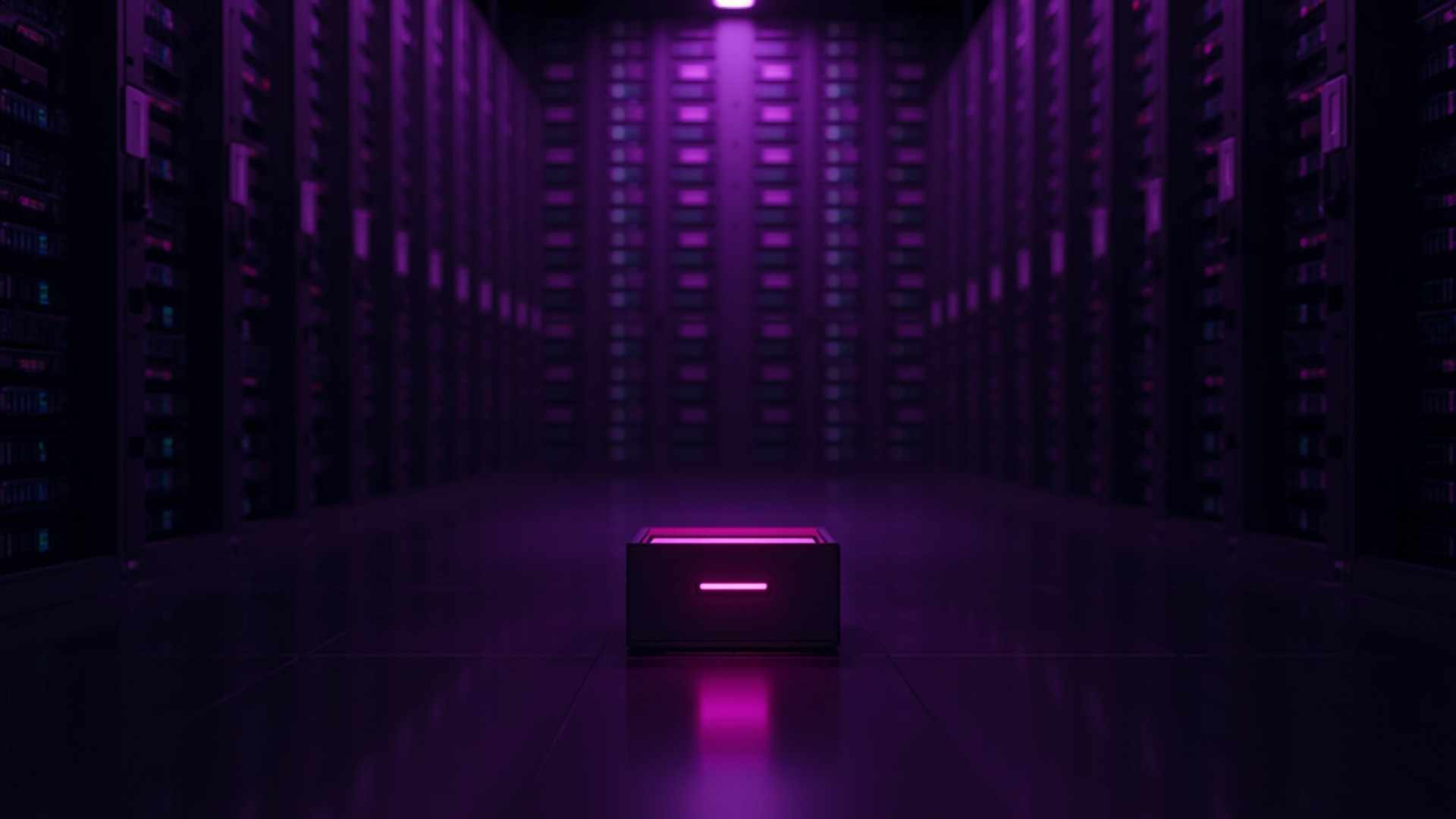 Small glowing catalog drawer open in front of a vast wall of violet-lit storage racks
