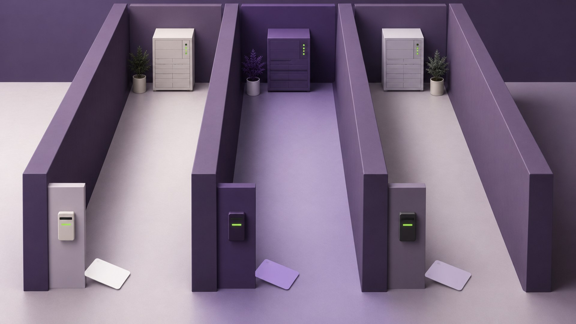 Three separate corridors in purple light, each with its own card reader, access card and storage server