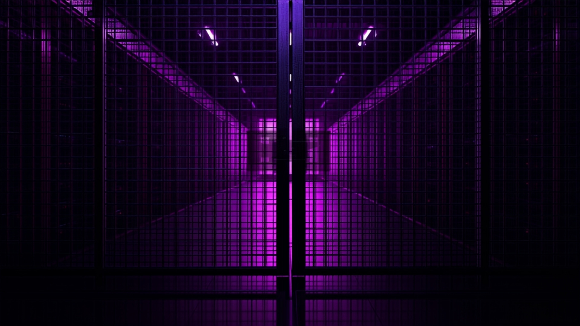 Locked steel security cage across a storage server rack in a dark data center under purple lighting