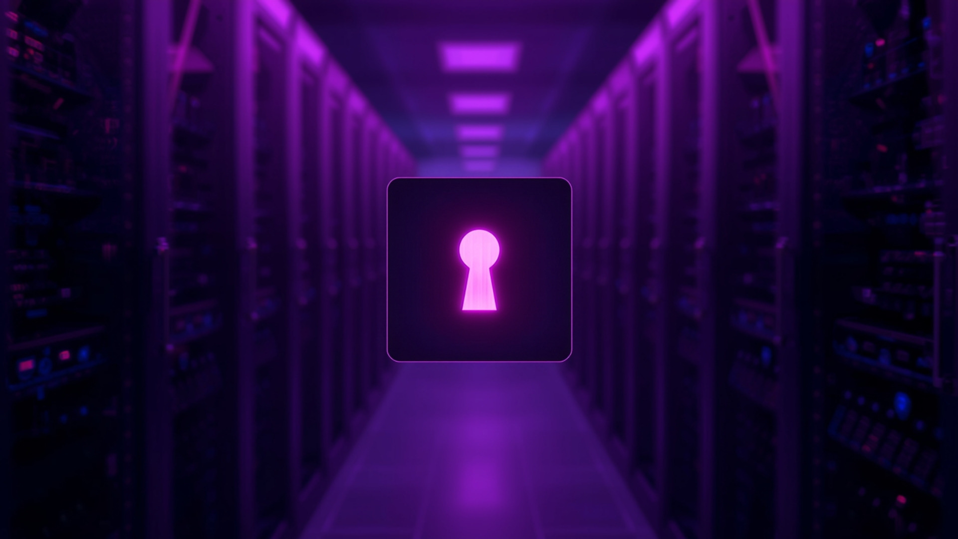 Hardware security module with a glowing keyhole in a locked rack under violet light