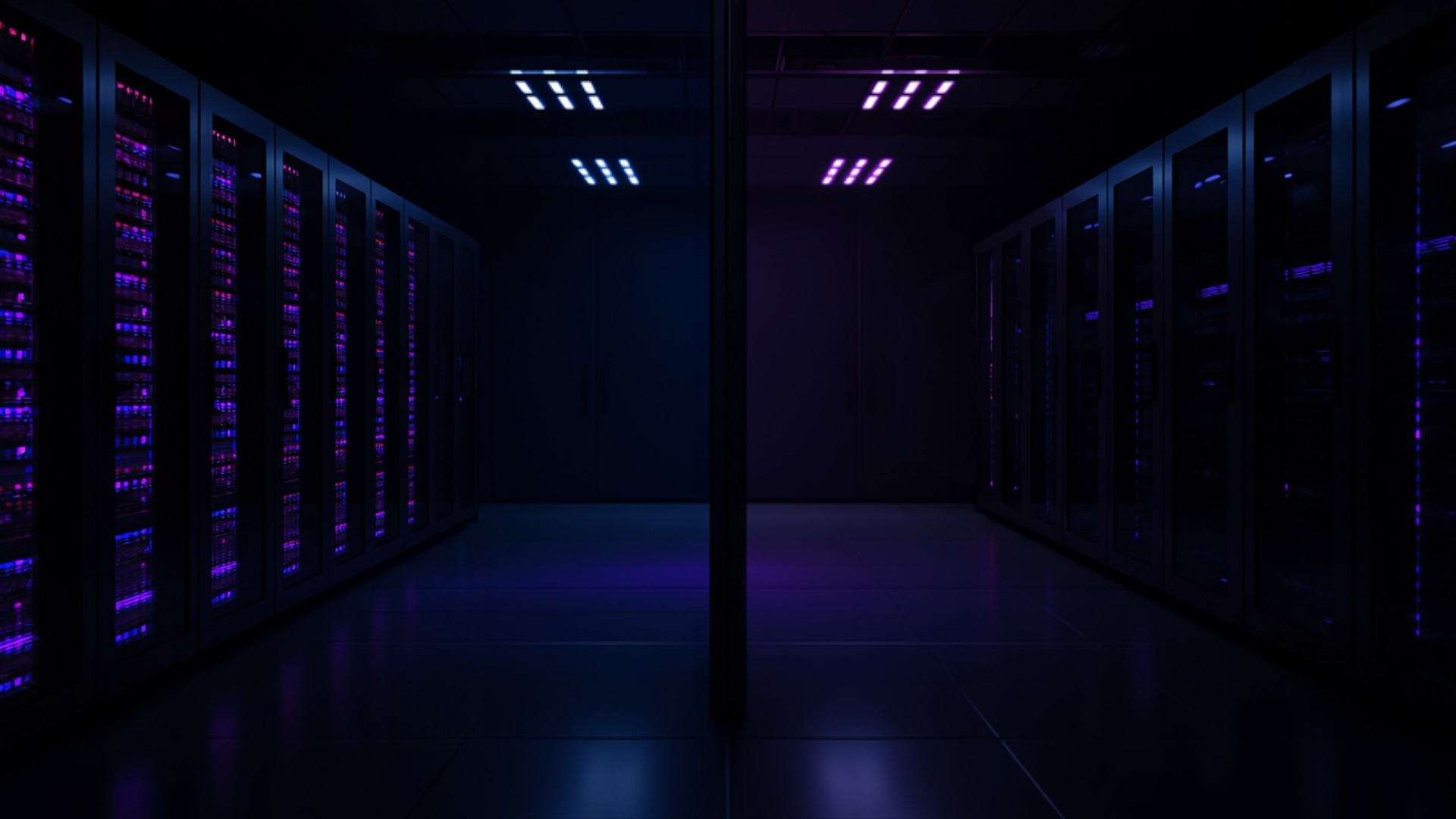 Two server rooms separated by a sealed wall with no cables crossing, in violet light