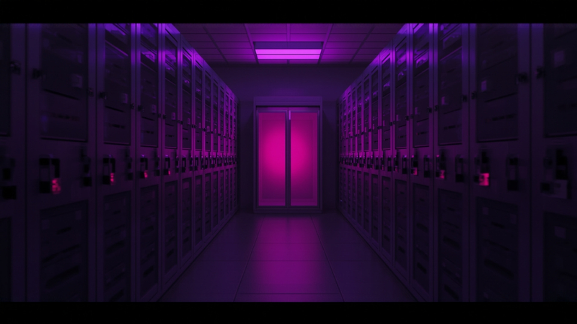 Sealed storage vault with a faint red glow leaking from one violet-lit cabinet