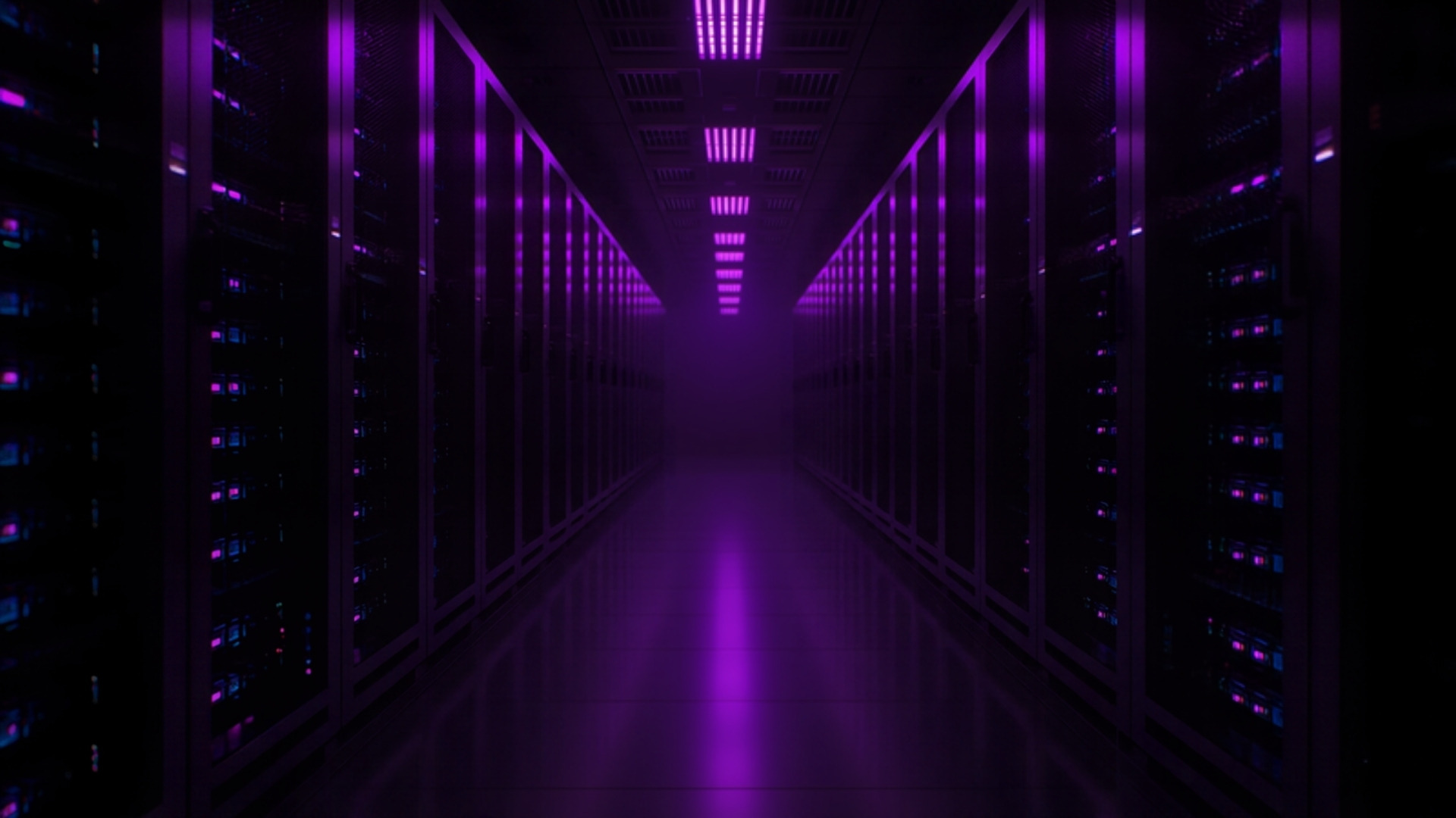 Server racks lighting up in sequence down a dark violet-lit data center aisle