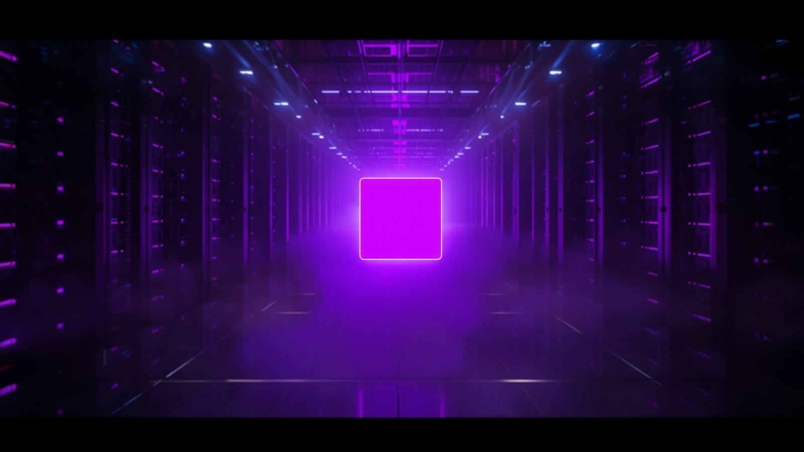 Violet data block with neon accents in a dark data center