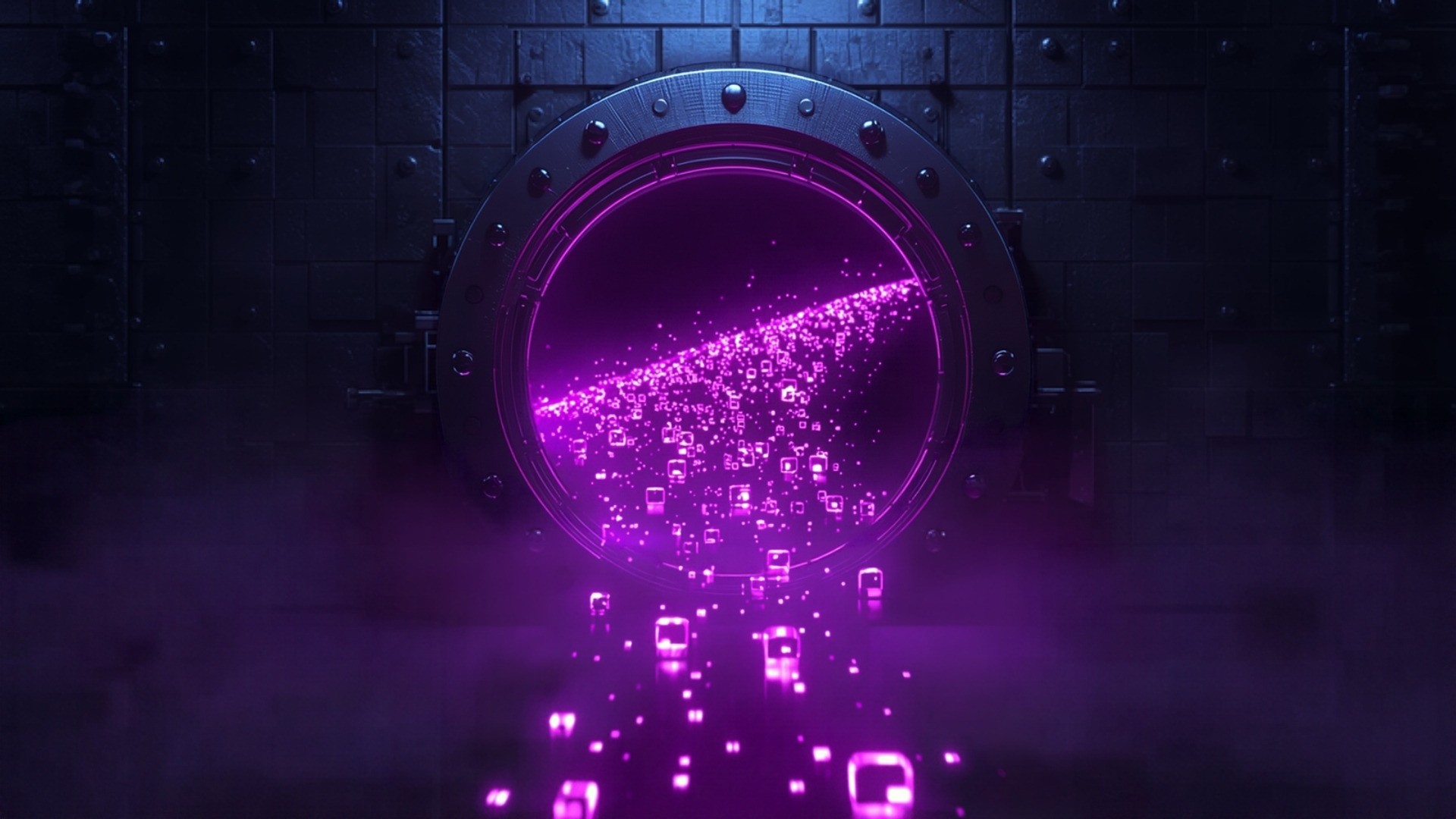 Streams of glowing data blocks flowing out of a sealed vault door in a violet-lit data center