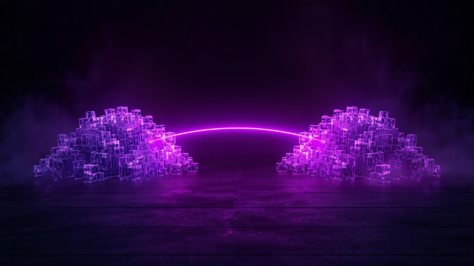 Two clusters of glowing violet data blocks linked by a luminous arc across a dark mapped grid