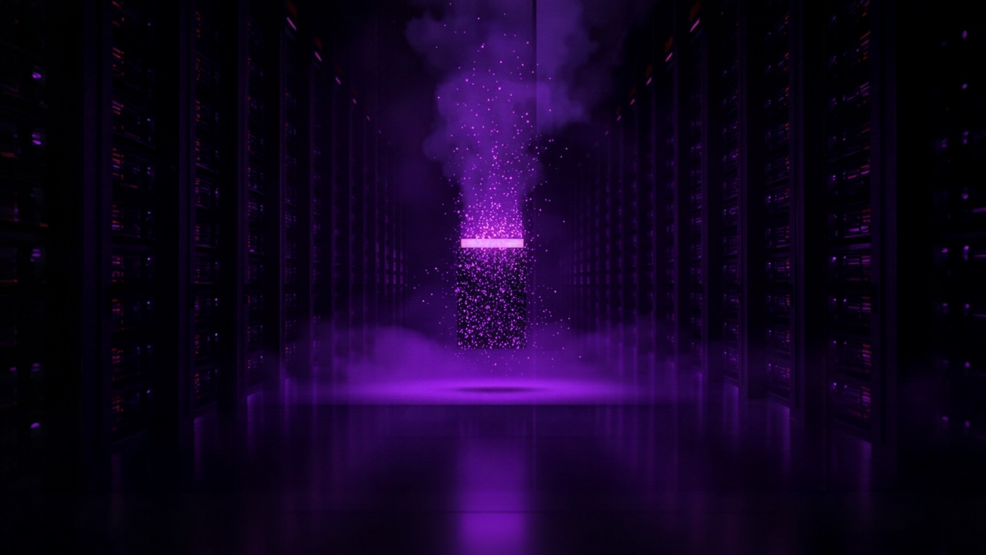 Rows of violet-lit storage racks with one block dissolving into faint particles while its copies remain