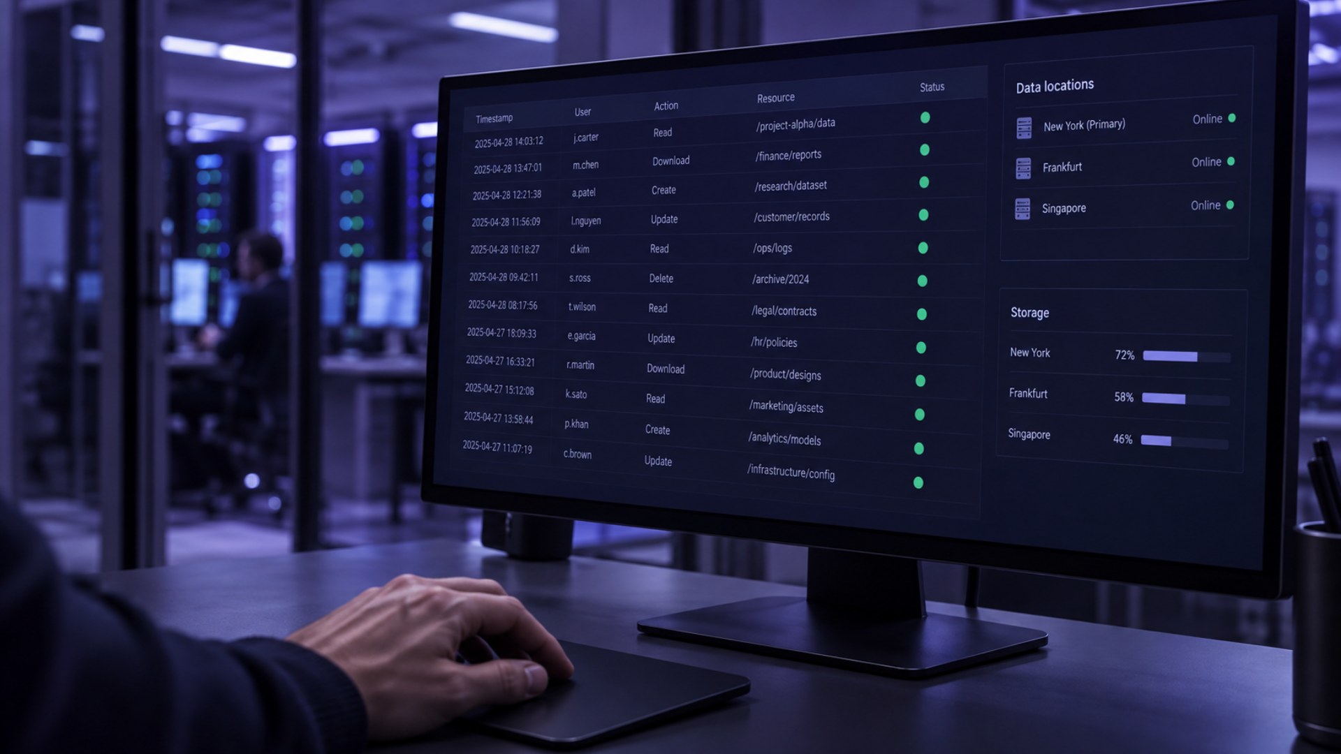 Data access audit log on a monitor showing timestamped user actions, data locations and storage usage across three regions