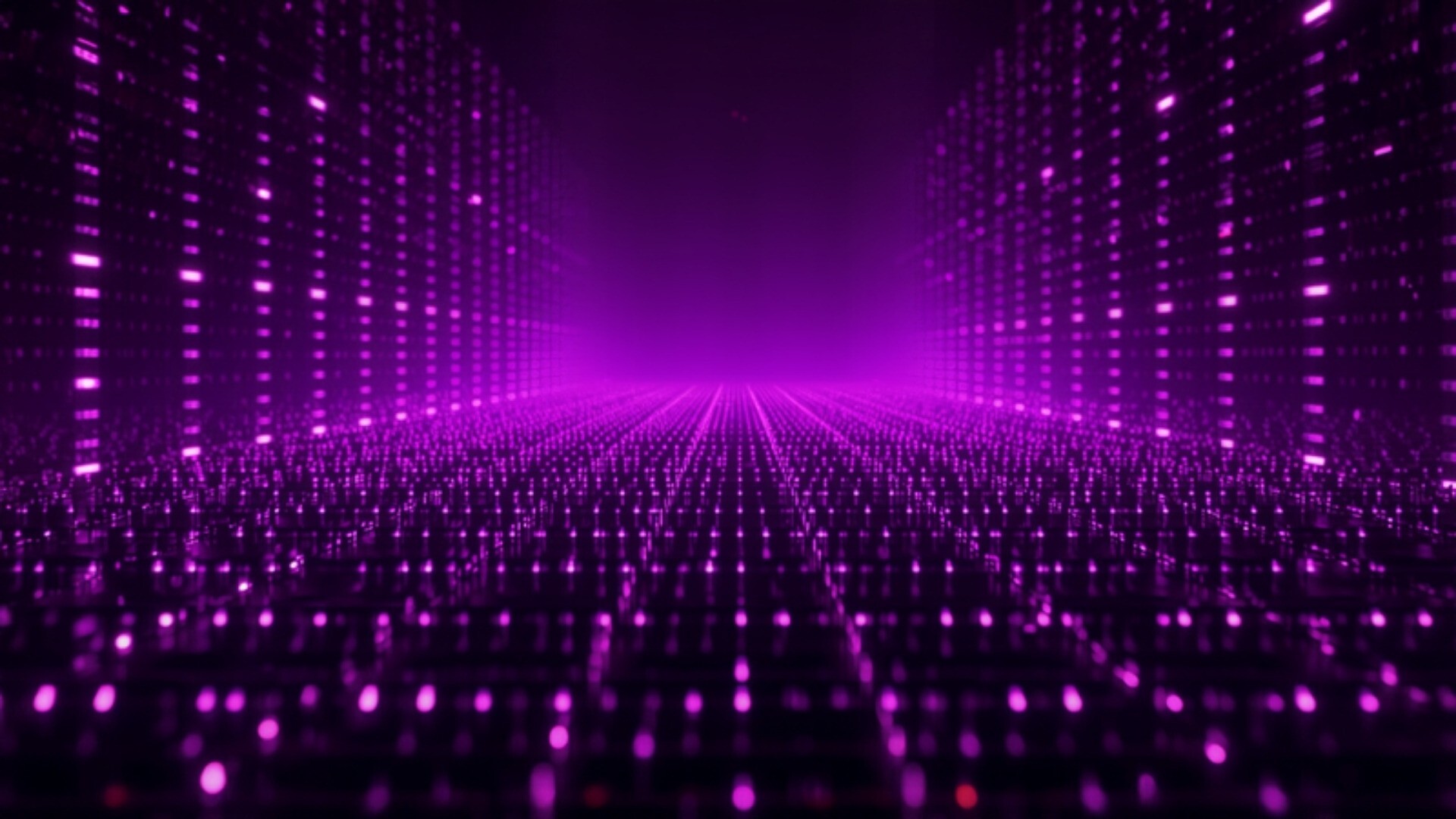 Rows of identical glowing data blocks duplicating outward across a dark violet-lit data center floor
