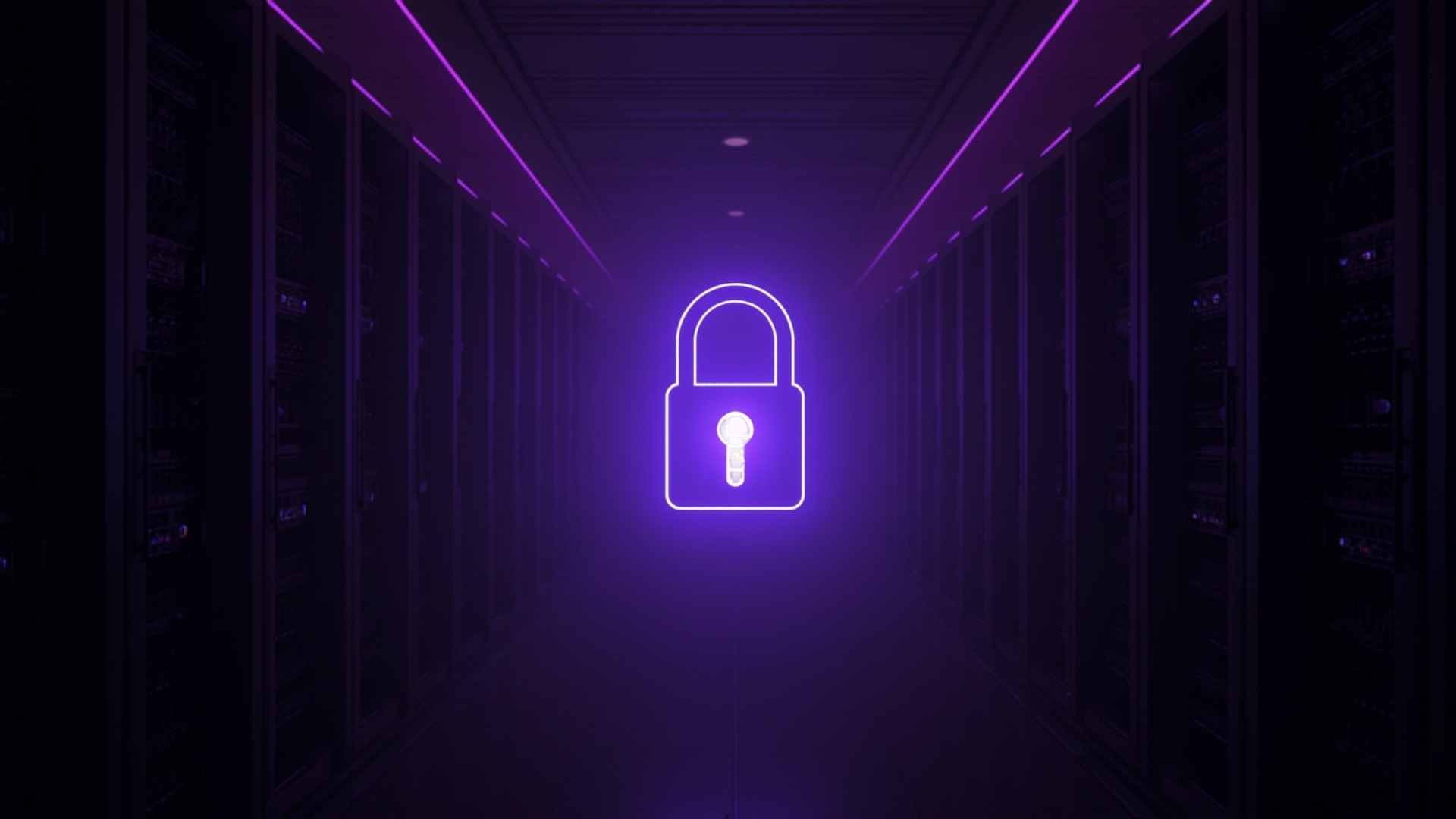 Abstract violet-lit data center corridor with a single glowing key-shaped lock suspended between server racks