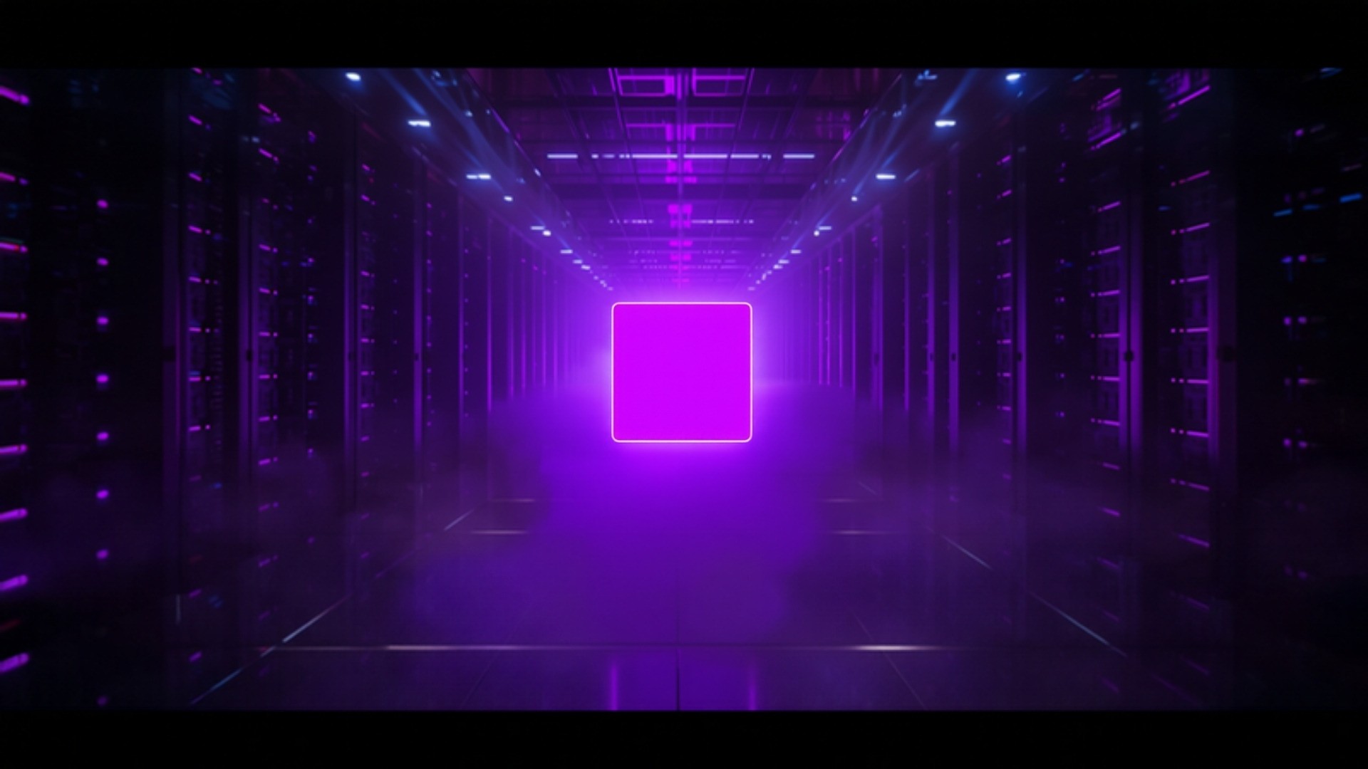 A single violet data block branching into many duplicate blocks across illuminated server racks