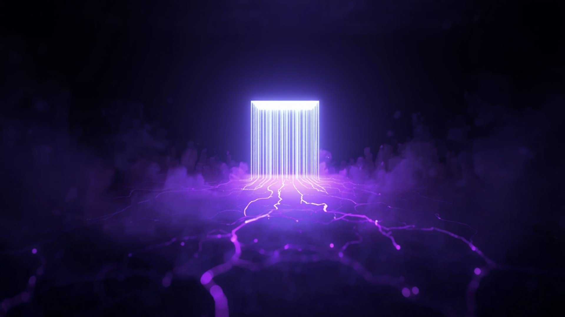 A violet-lit data center corridor with branching translucent pathways leading away from a single illuminated server rack