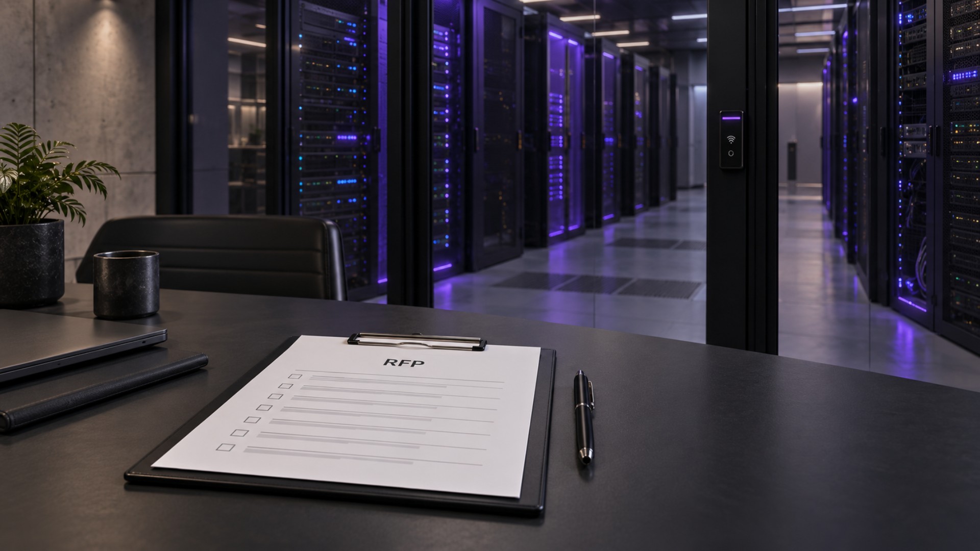 Printed RFP checklist on a clipboard in a dark boardroom, with a violet-lit data center hall of storage racks visible through the glass wall behind it