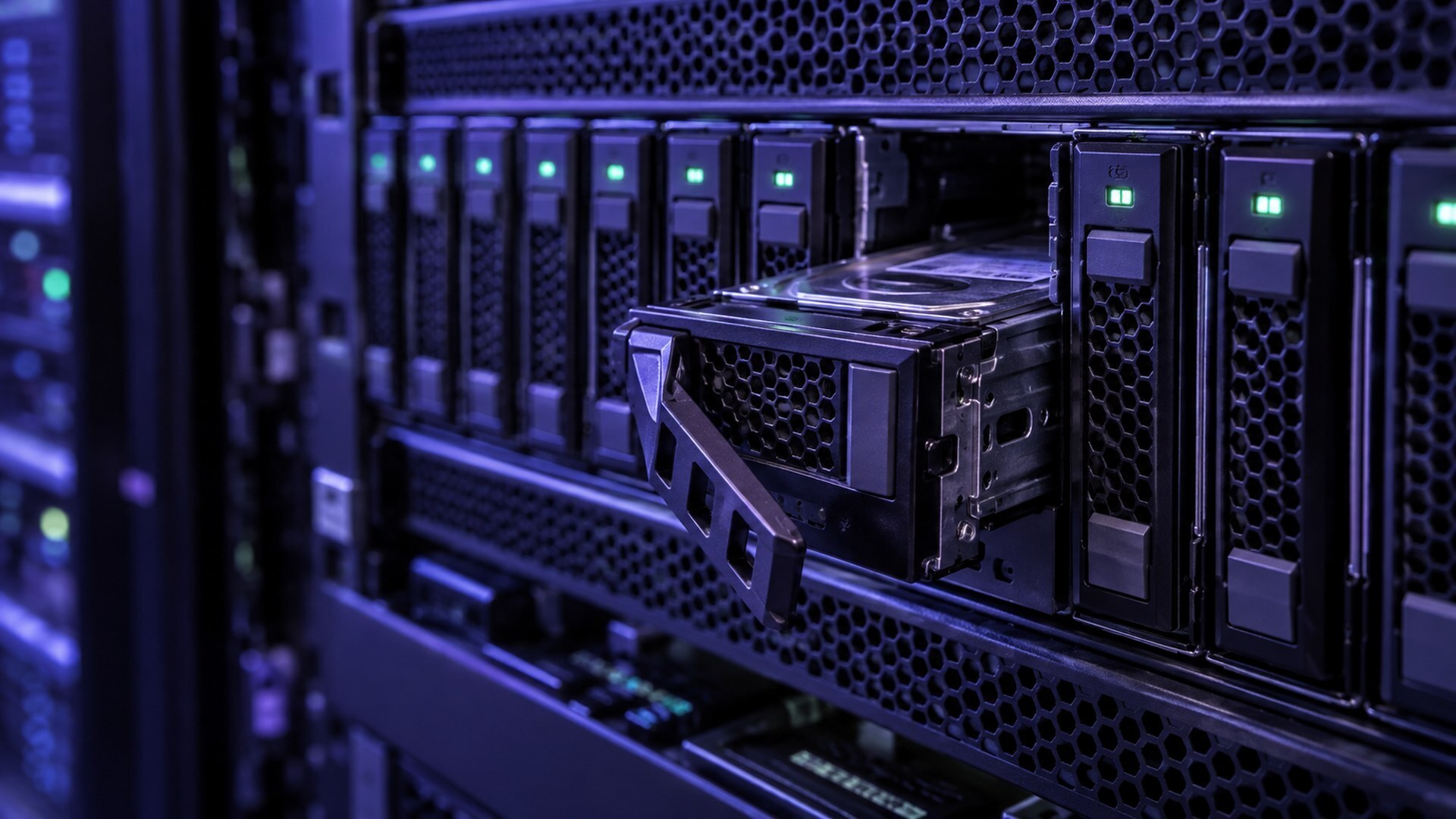 Hard drive pulled partway out of a server chassis in a data center rack