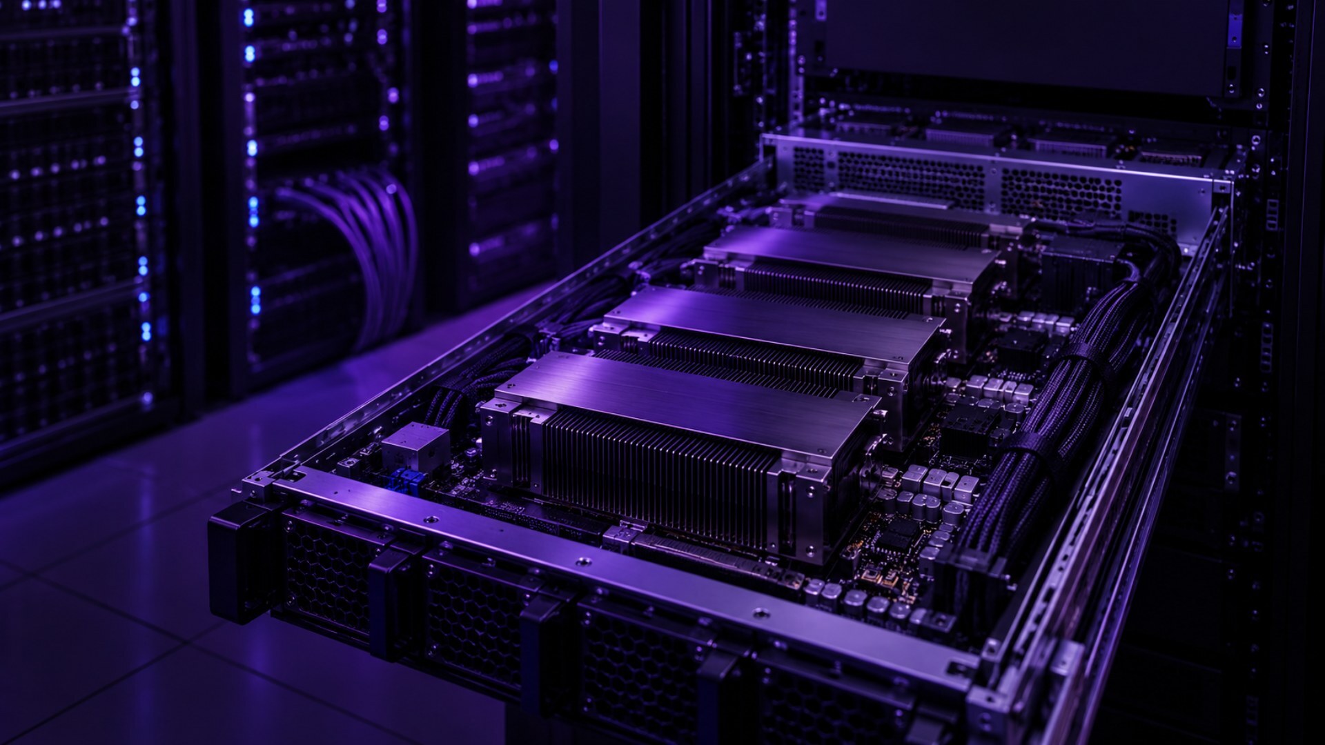 Open GPU server tray pulled from a rack in a violet-lit data center, showing four large heatsinks and dense cabling