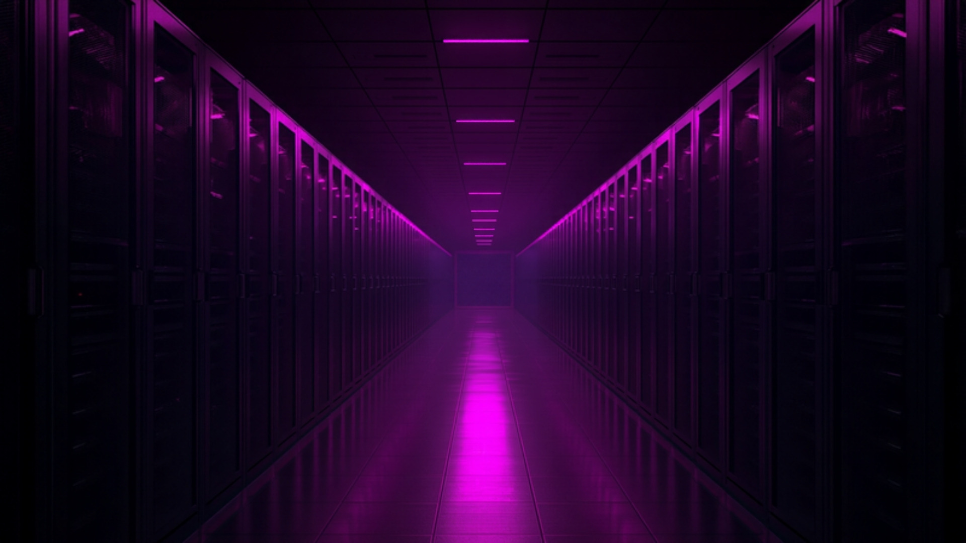 Rows of sealed storage cabinets receding into a dark violet-lit data hall