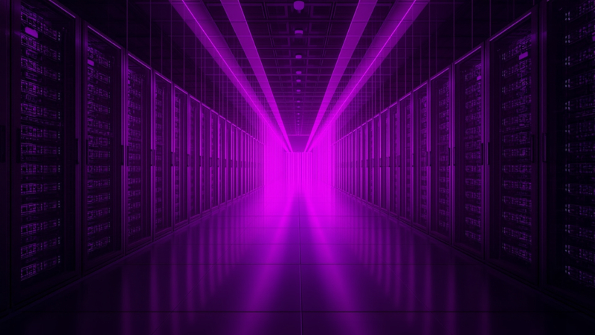Wide data center hall with hundreds of servers powering on under violet lighting