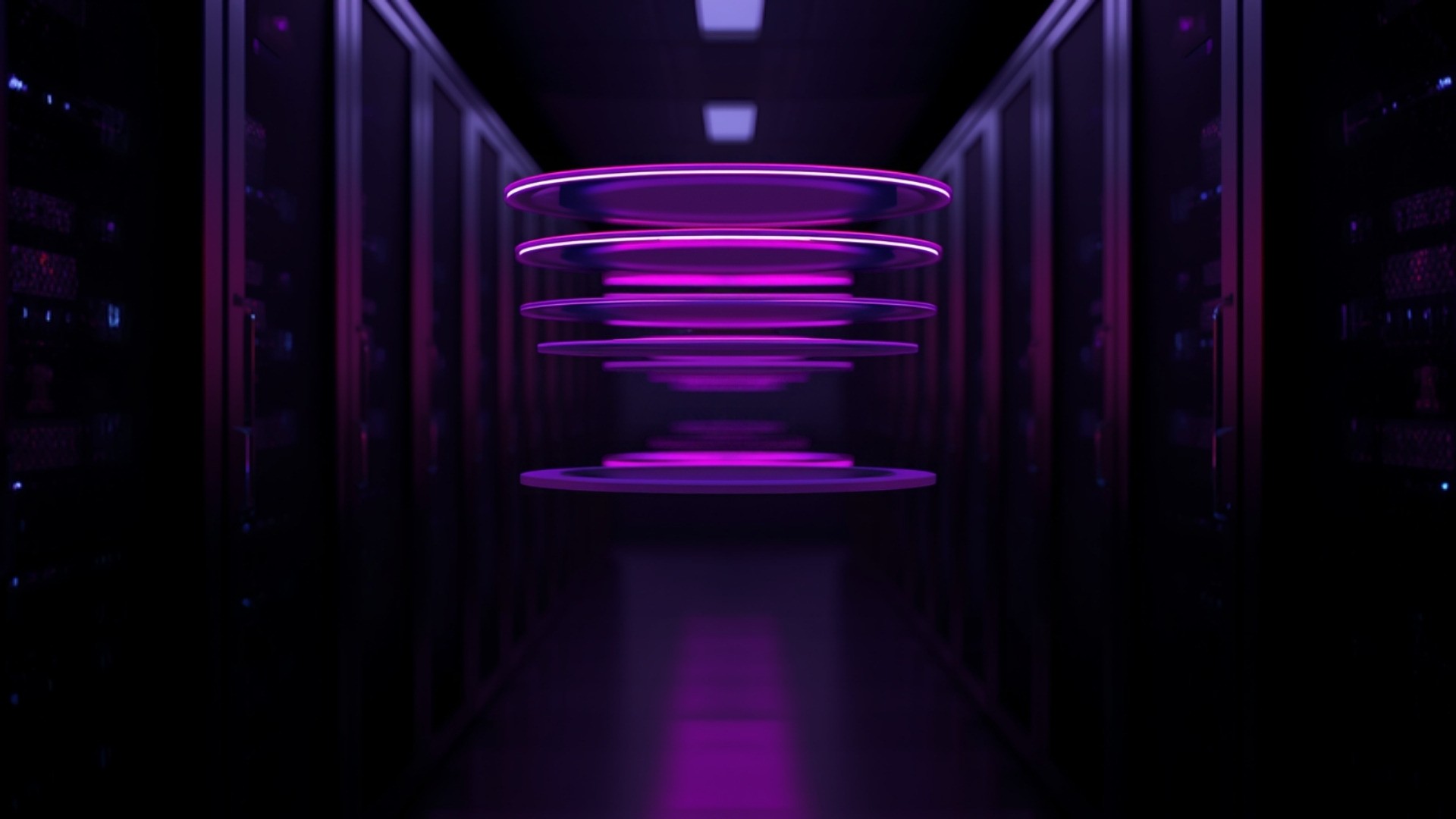 Glowing violet index cards floating above rows of darkened storage servers in a data center aisle