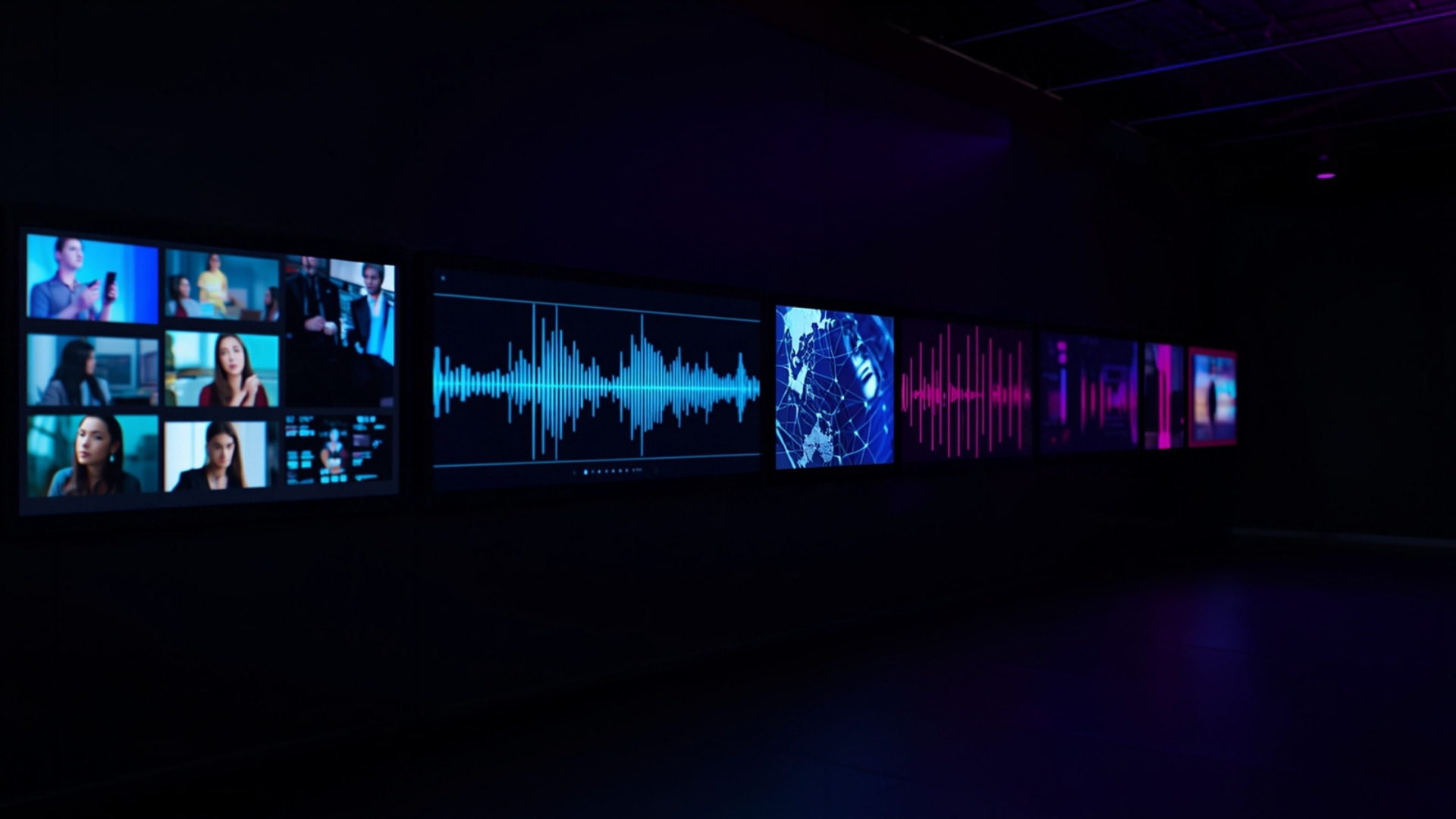 Wall of screens showing photos, an audio waveform and video frames under violet lighting