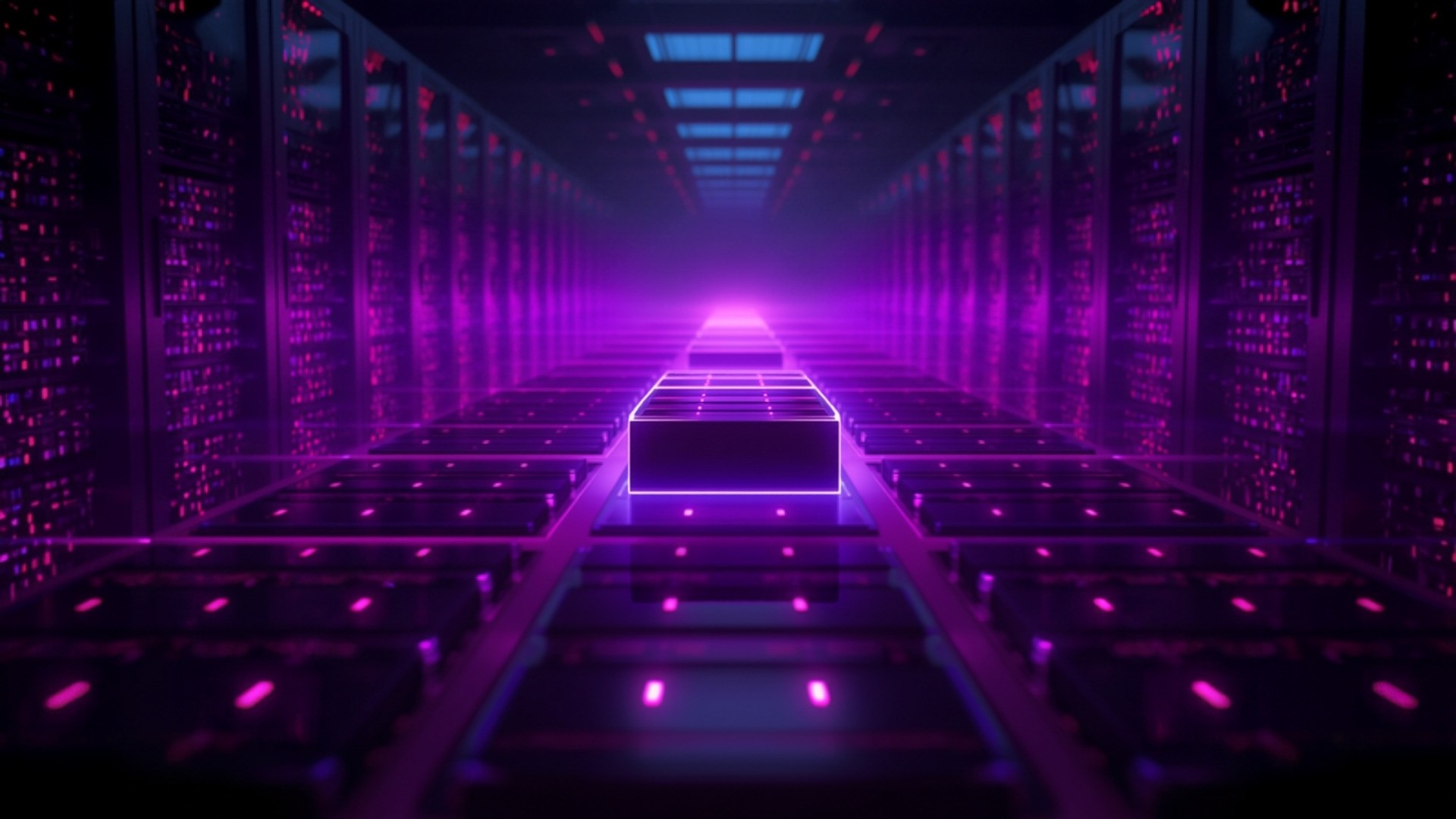 New rows of glowing violet storage blocks slotting into an existing illuminated grid in a data center