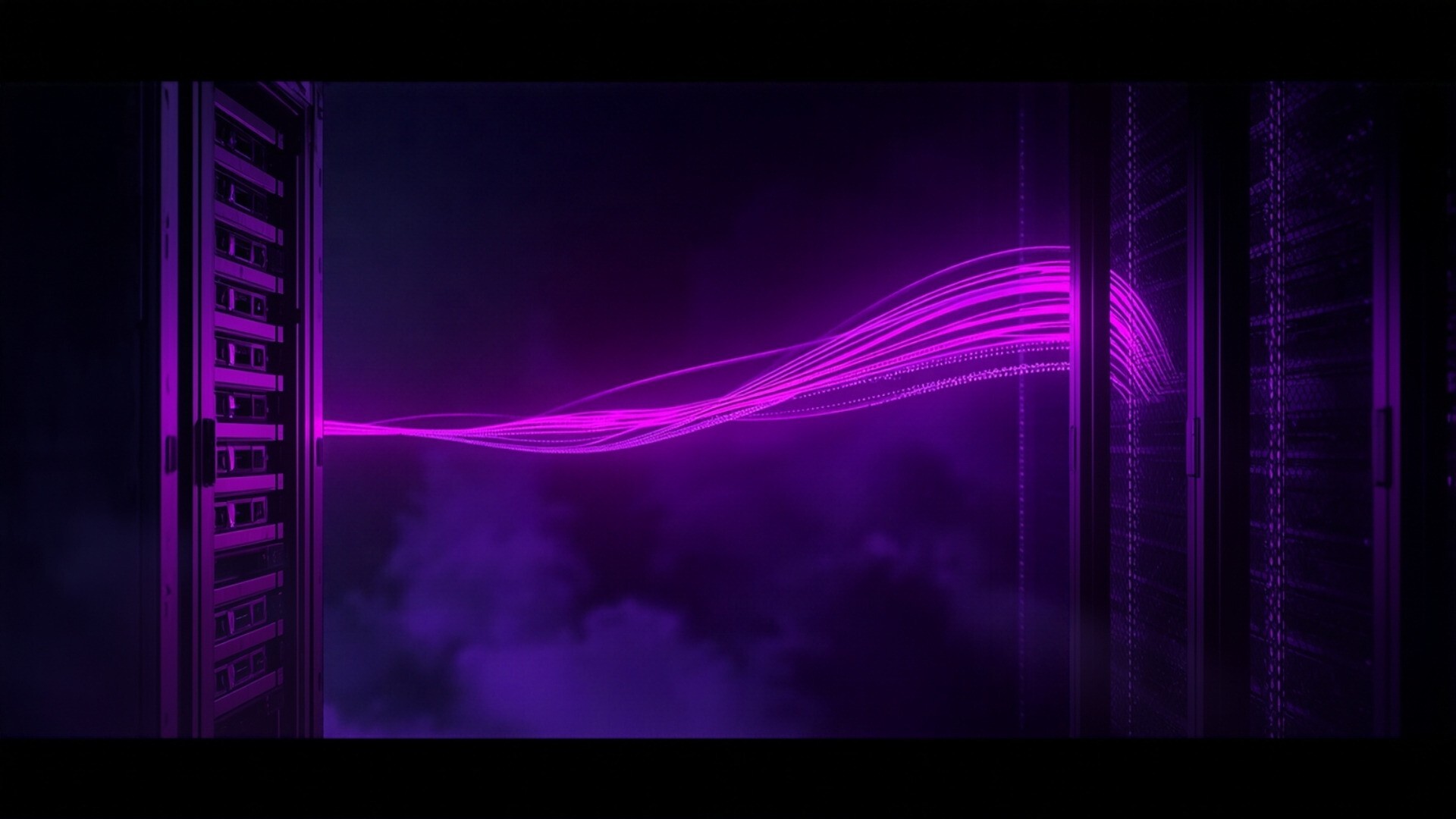 A dimming rack of storage blocks handing glowing violet data across to a bright new rack in a data center