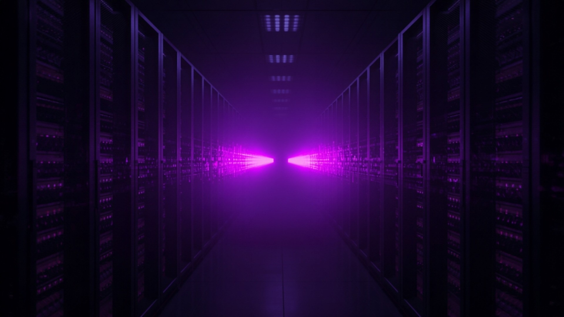 Two parallel streams of glowing data blocks being compared under violet light in a data center