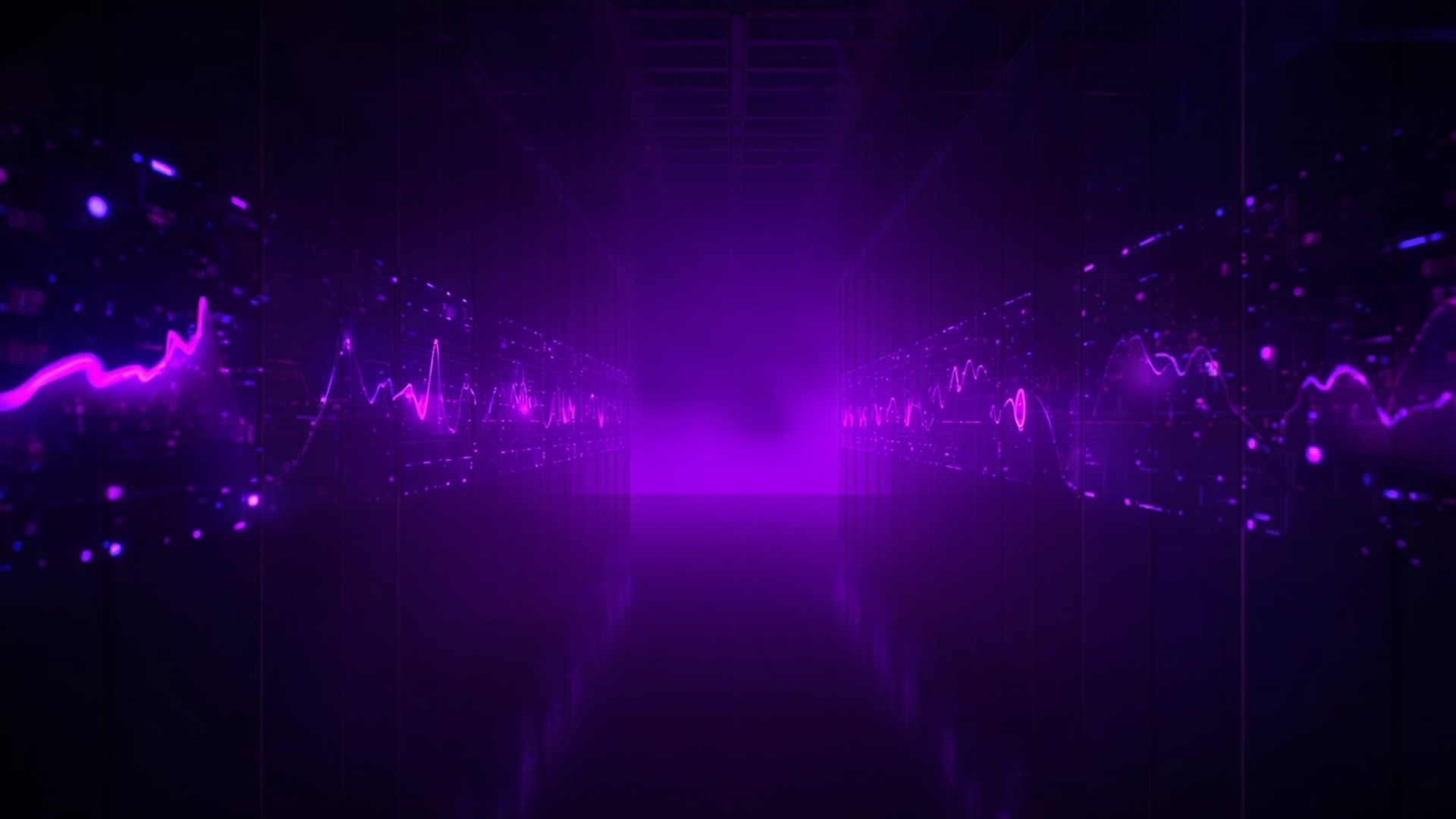Wall of glowing metric panels tracking data flow through a violet-lit data center aisle