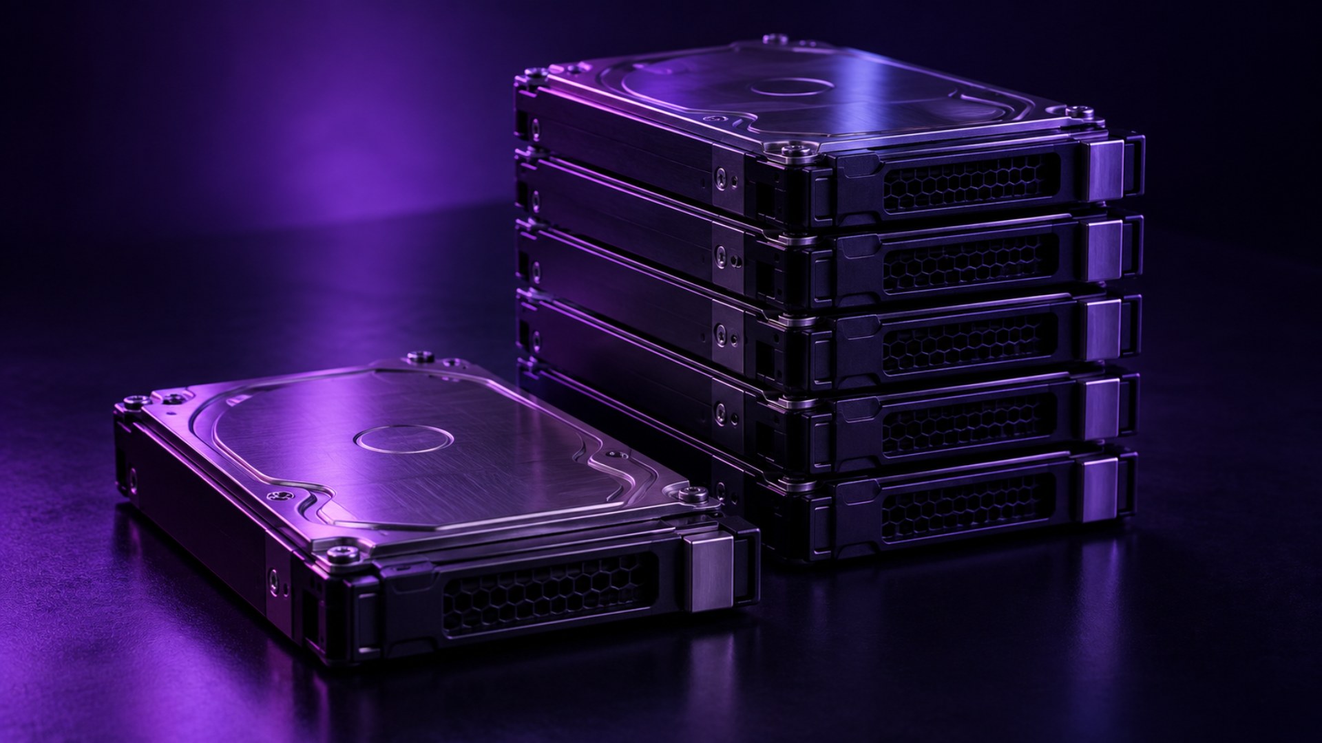 Stack of enterprise hard drives under purple lighting, representing raw storage capacity