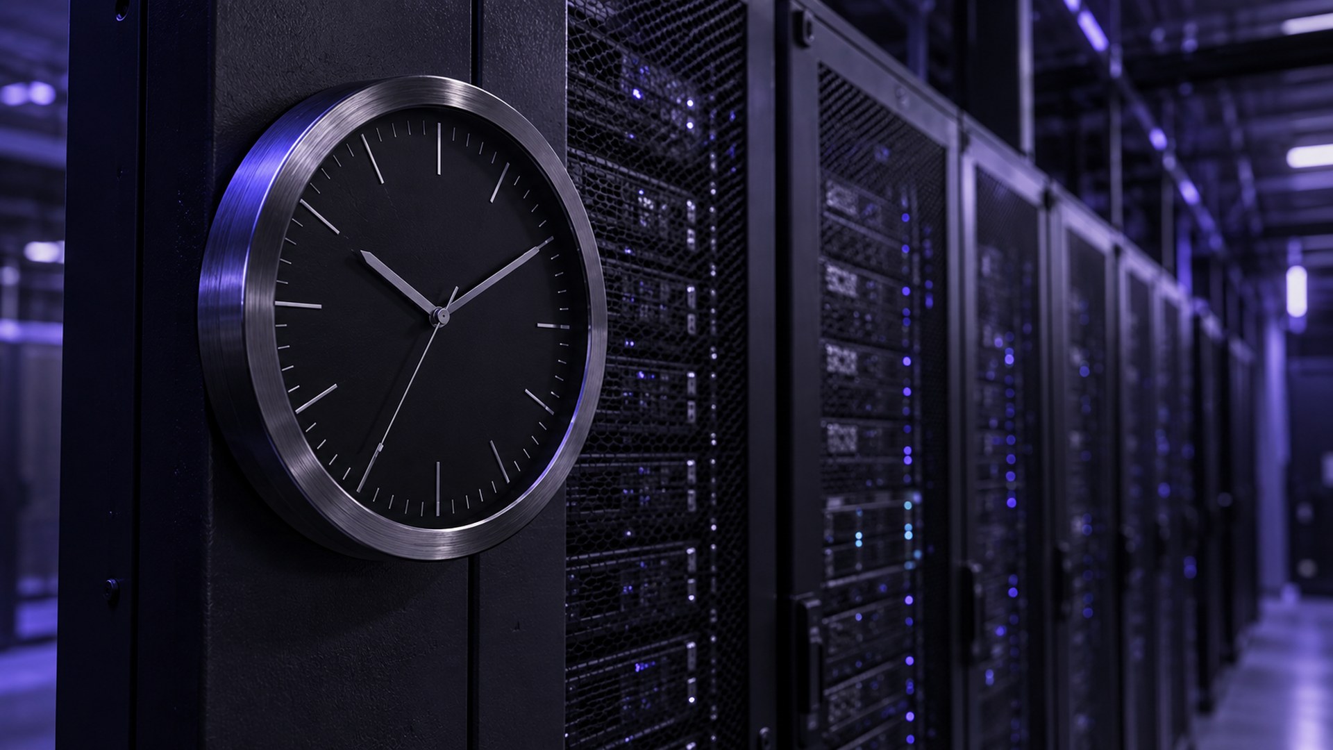 Wall clock beside rows of servers in a data center, marking time passing during a ransomware intrusion