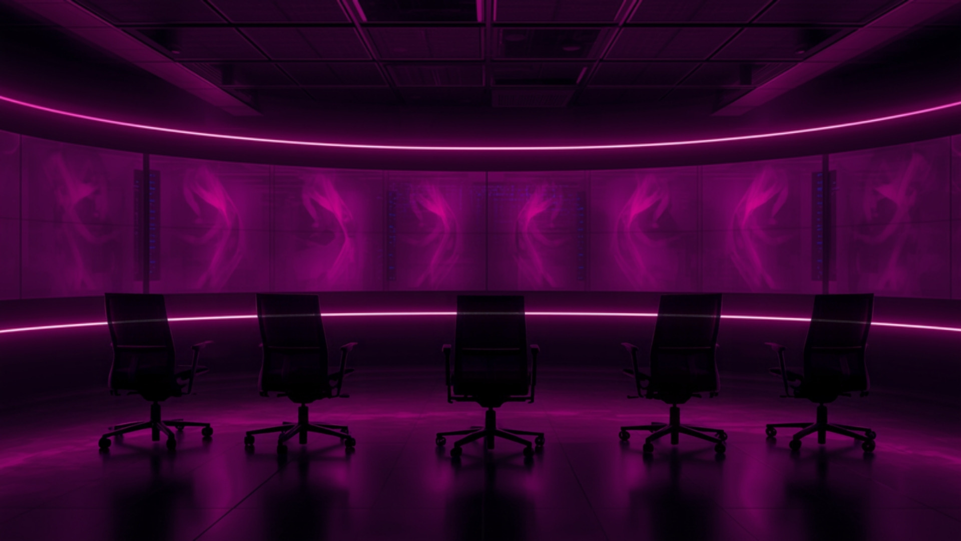 Operations command room with blank glowing wall displays under violet lighting