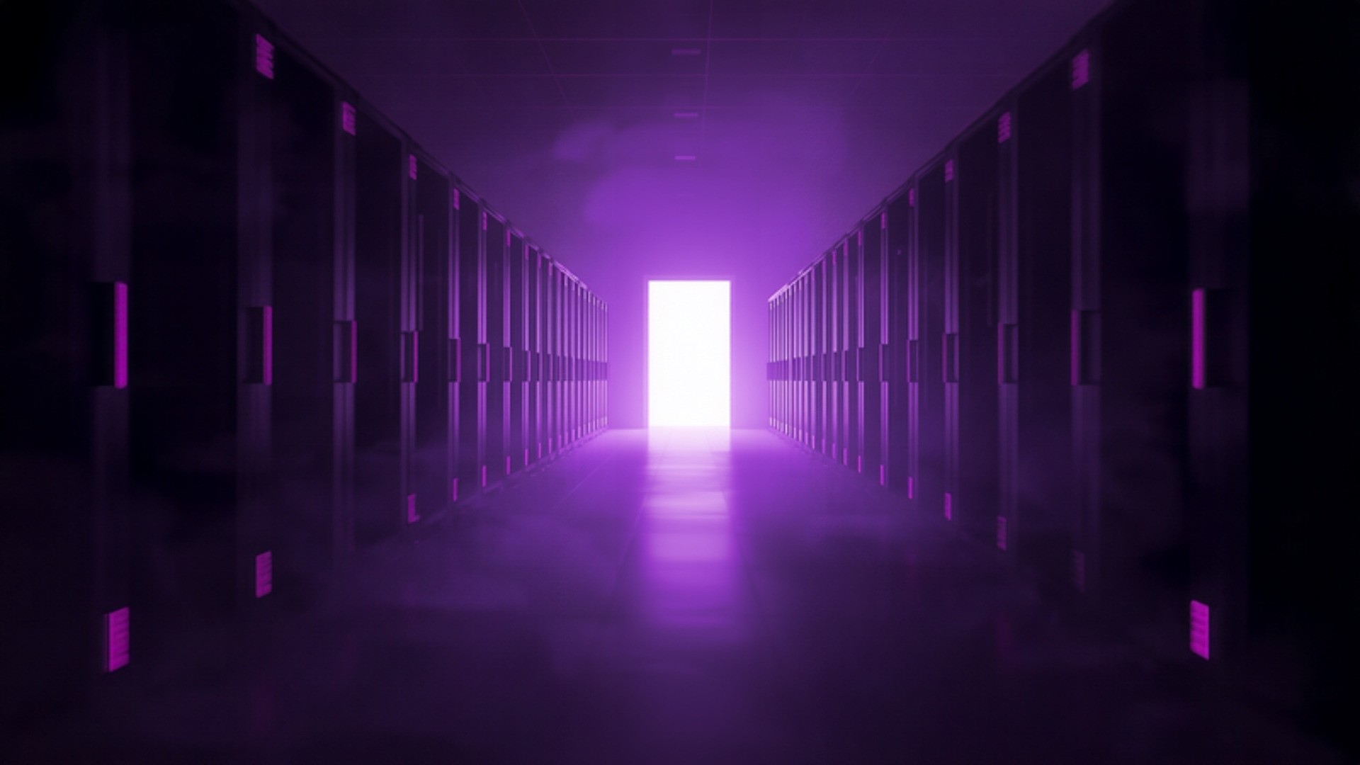 Narrow glowing violet corridor leading from a distant doorway into rows of dark server cabinets
