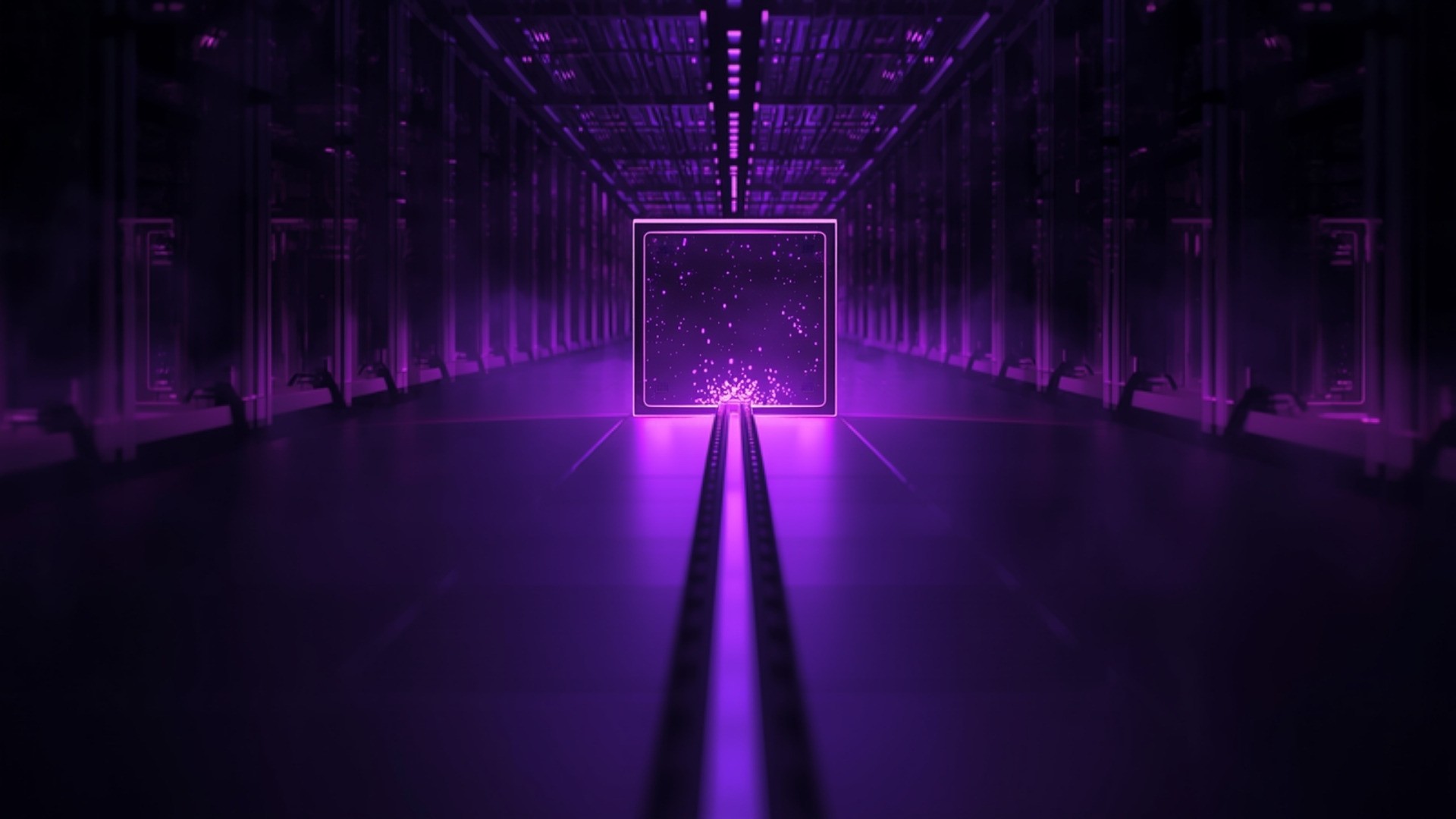 Narrow gated channels directing streams of glowing data blocks in a violet-lit data center