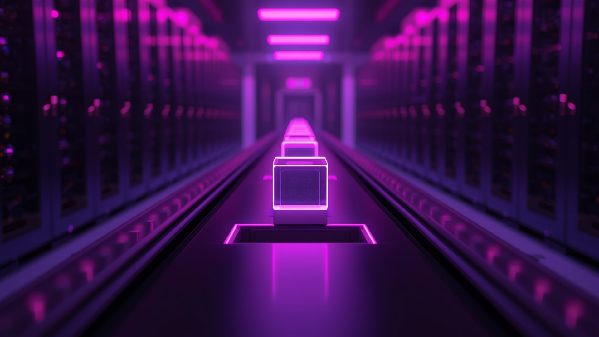 Conveyor of glowing data blocks moving toward a chute in a violet-lit data center
