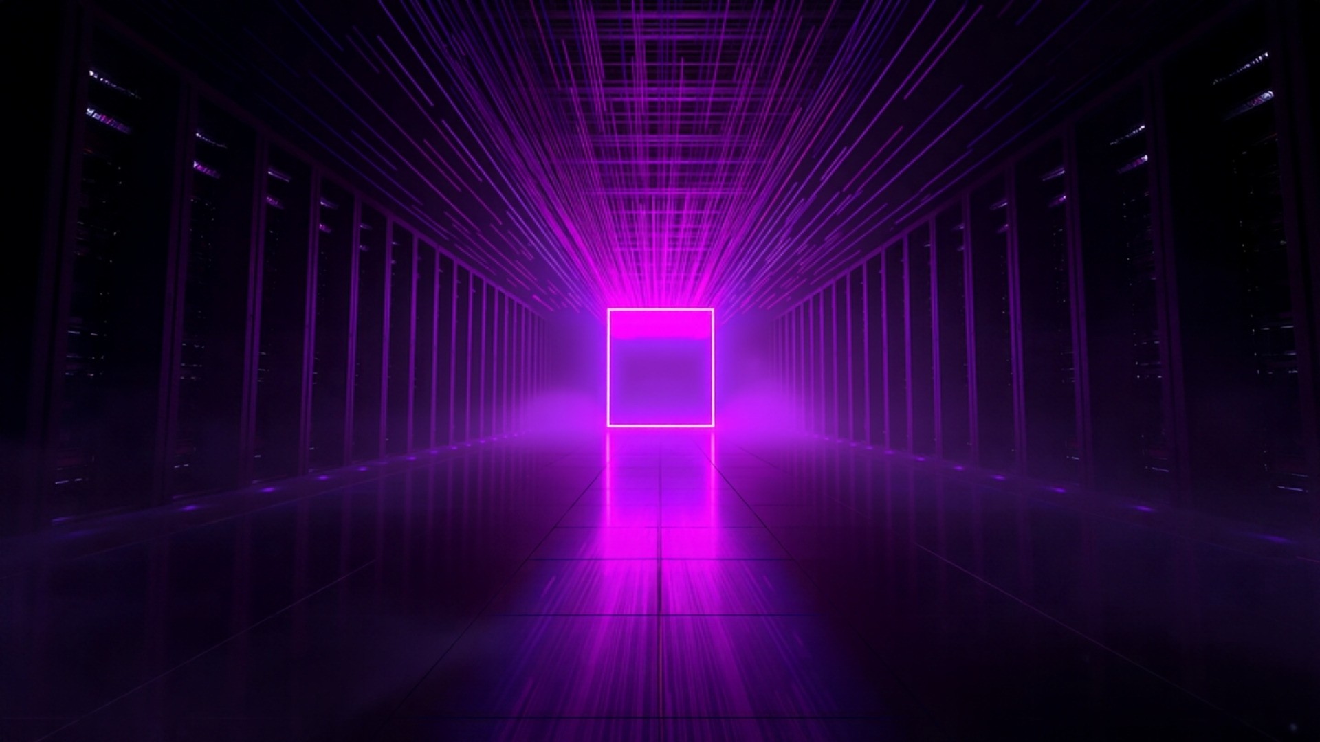 Branching violet light paths converging on a single glowing gateway block in a dark data center