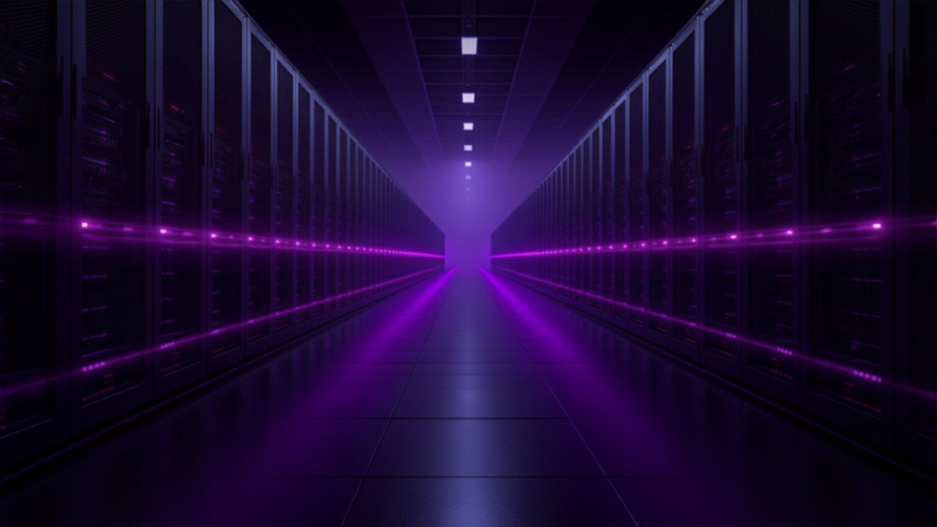 Data centre corridor of storage racks with violet light streaks flowing between two rows, representing objects moving during an S3 migration