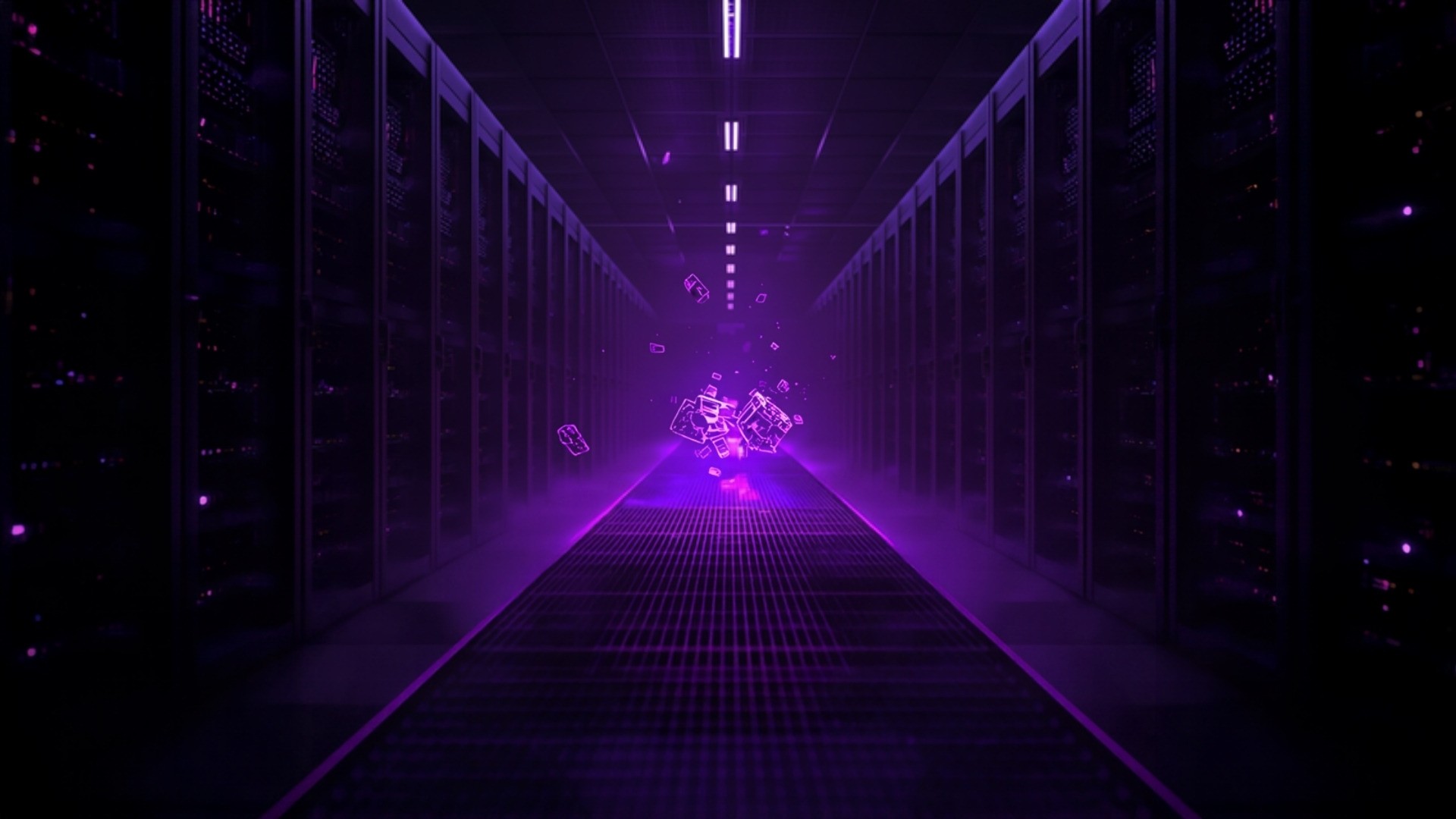 Fragments of glowing data blocks stalled on an unfinished conveyor in a violet-lit data center
