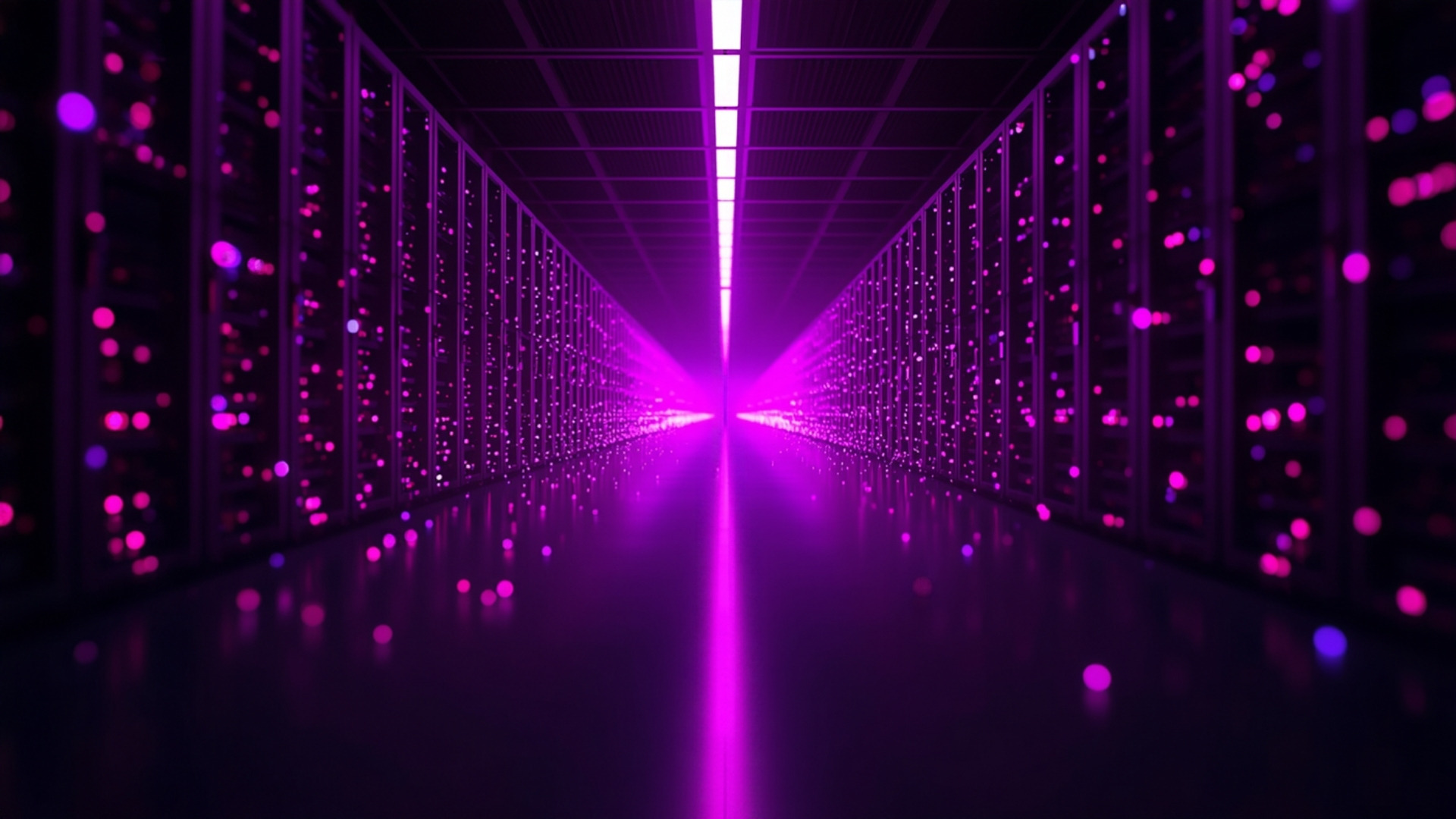 Wide light beam and swarm of small light particles travelling toward violet-lit storage racks