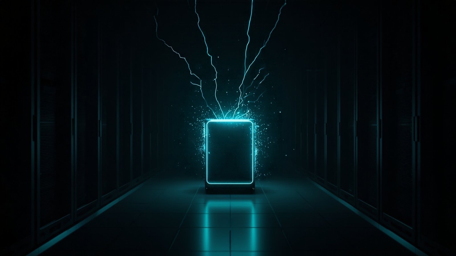 Pristine teal block glowing in a dark data center