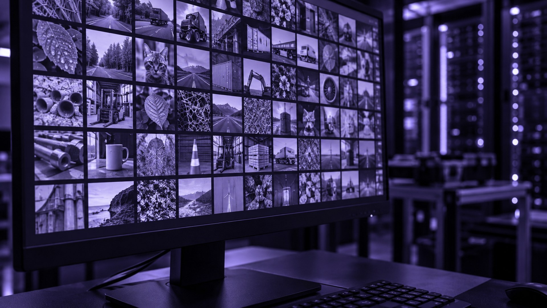 Monitor displaying a grid of training images beside server equipment under violet lighting
